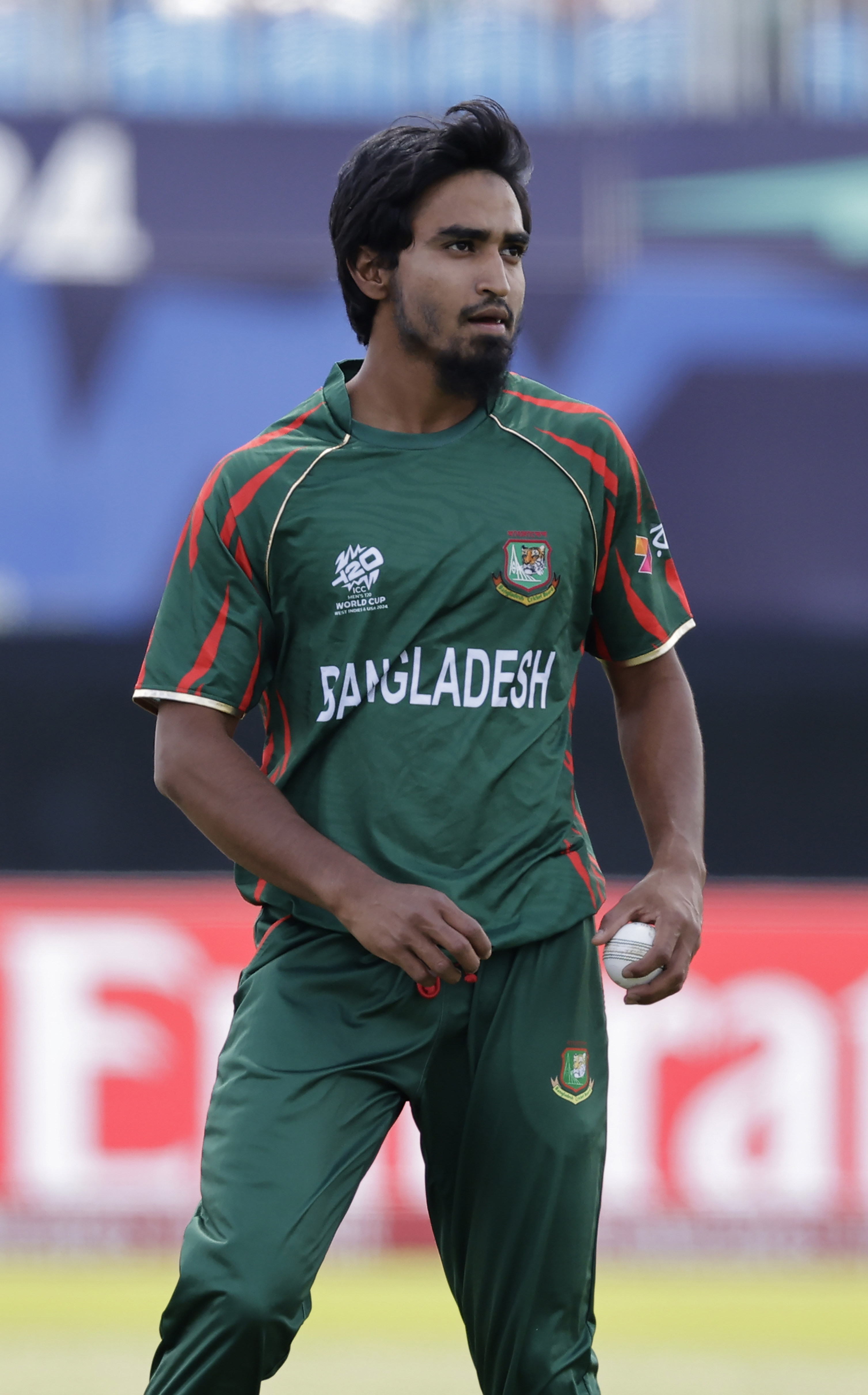 Bangladesh's Tanzim Hasan Sakib prepares to bowl at the T20 cricket World Cup.