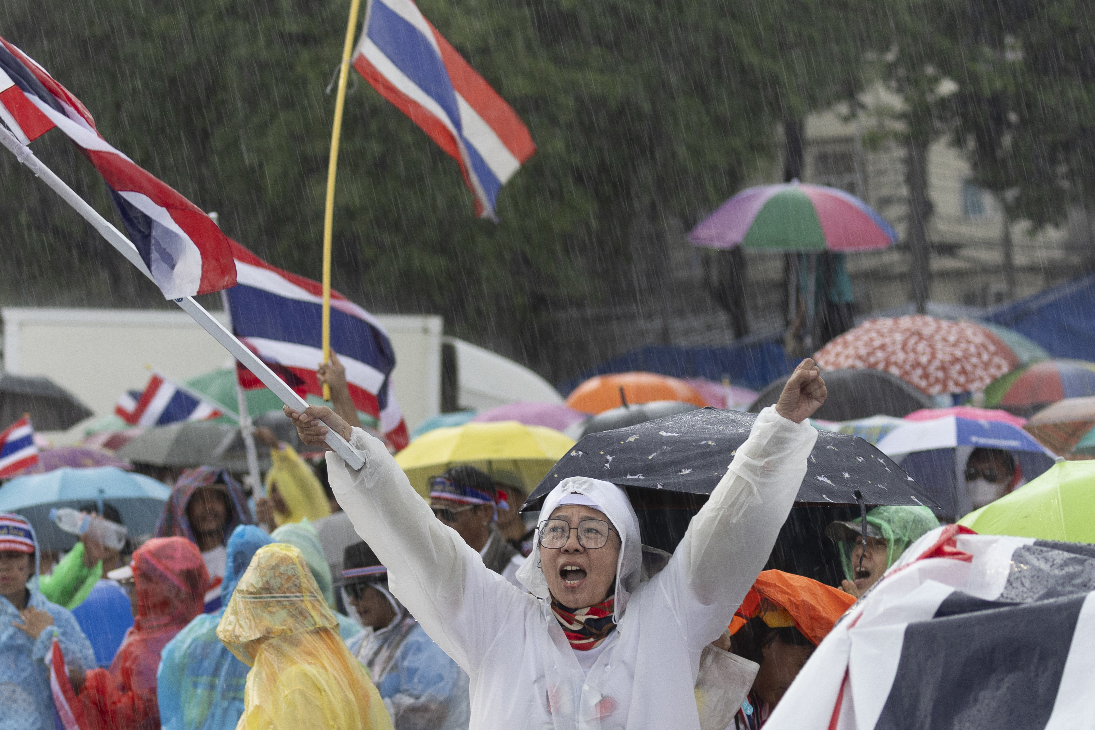 Protesters gather at Victory Monument demanding Thailand's Prime Minister Paetongtarn Shinawatra resign in Bangkok, Thailand.