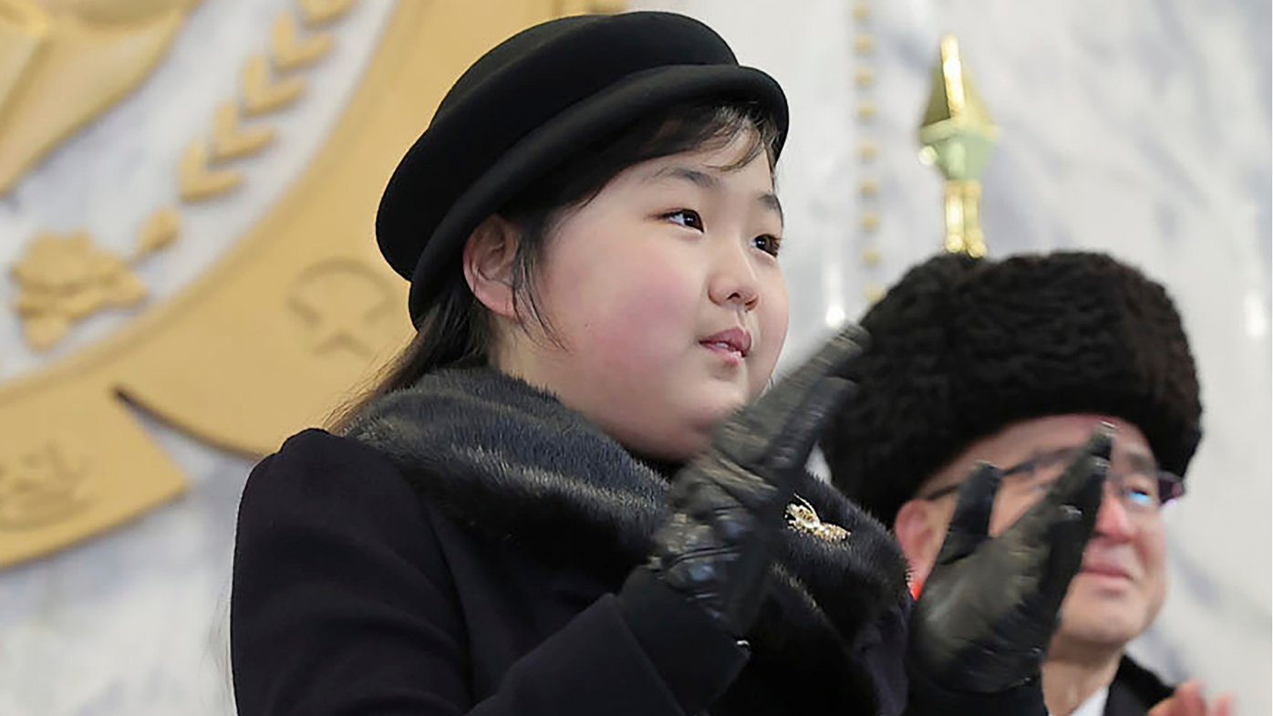 The daughter of North Korean leader Kim Jong Un, reportedly named Kim Ju Ae, attends a military parade to mark the 75th founding anniversary of the Korean People's Army on Kim Il Sung Square in Pyongyang, North Korea on Feb. 8, 2023.