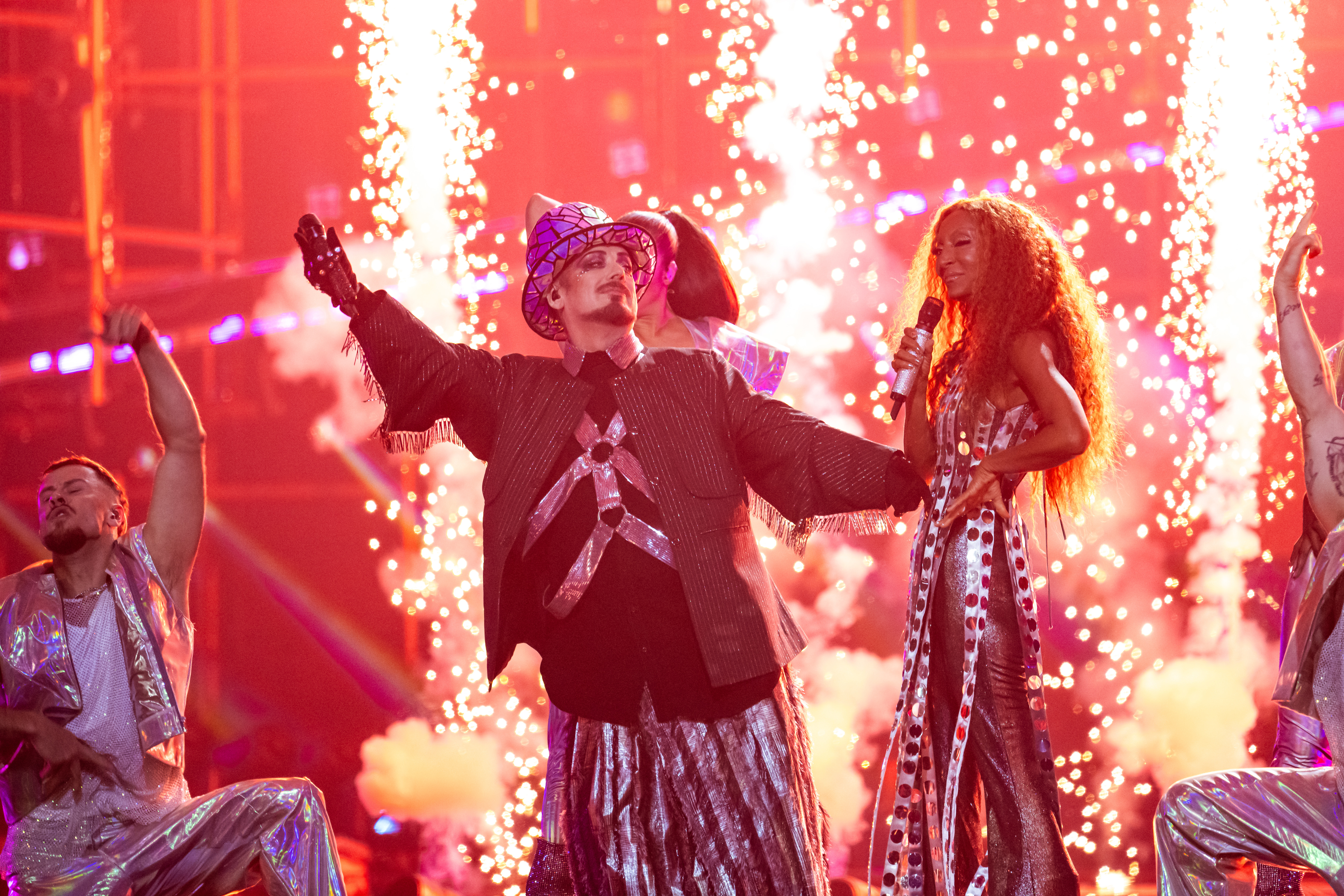 Senhit and Boy George representing San Marino perform during the second dress rehearsal for the semi-final 1 of the 2026 Eurovision Song Contest at Wiener Stadthalle on May 11, 2026 in Vienna, Austria.  