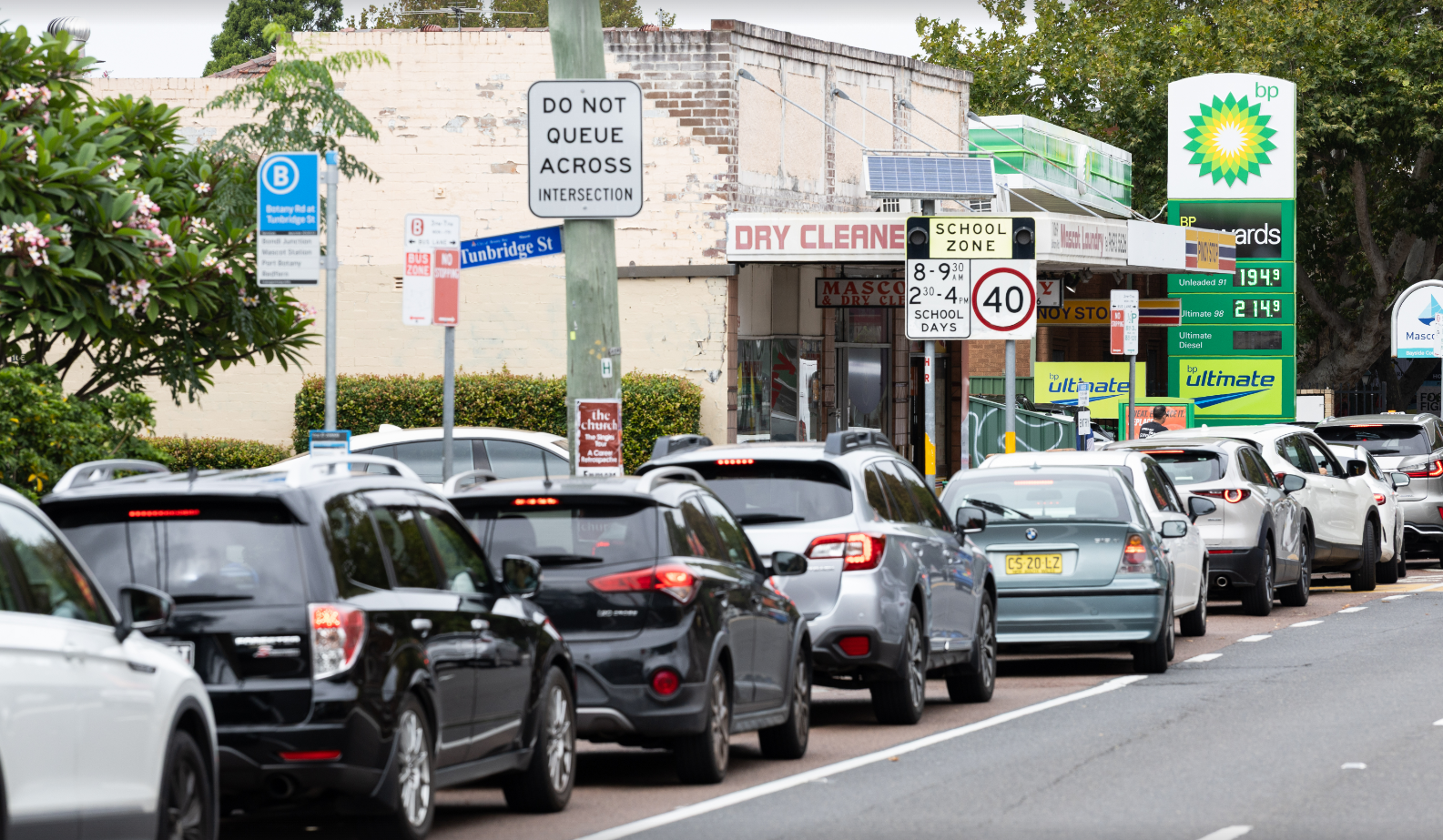 Long queues forming at BP petrol station at Mascot