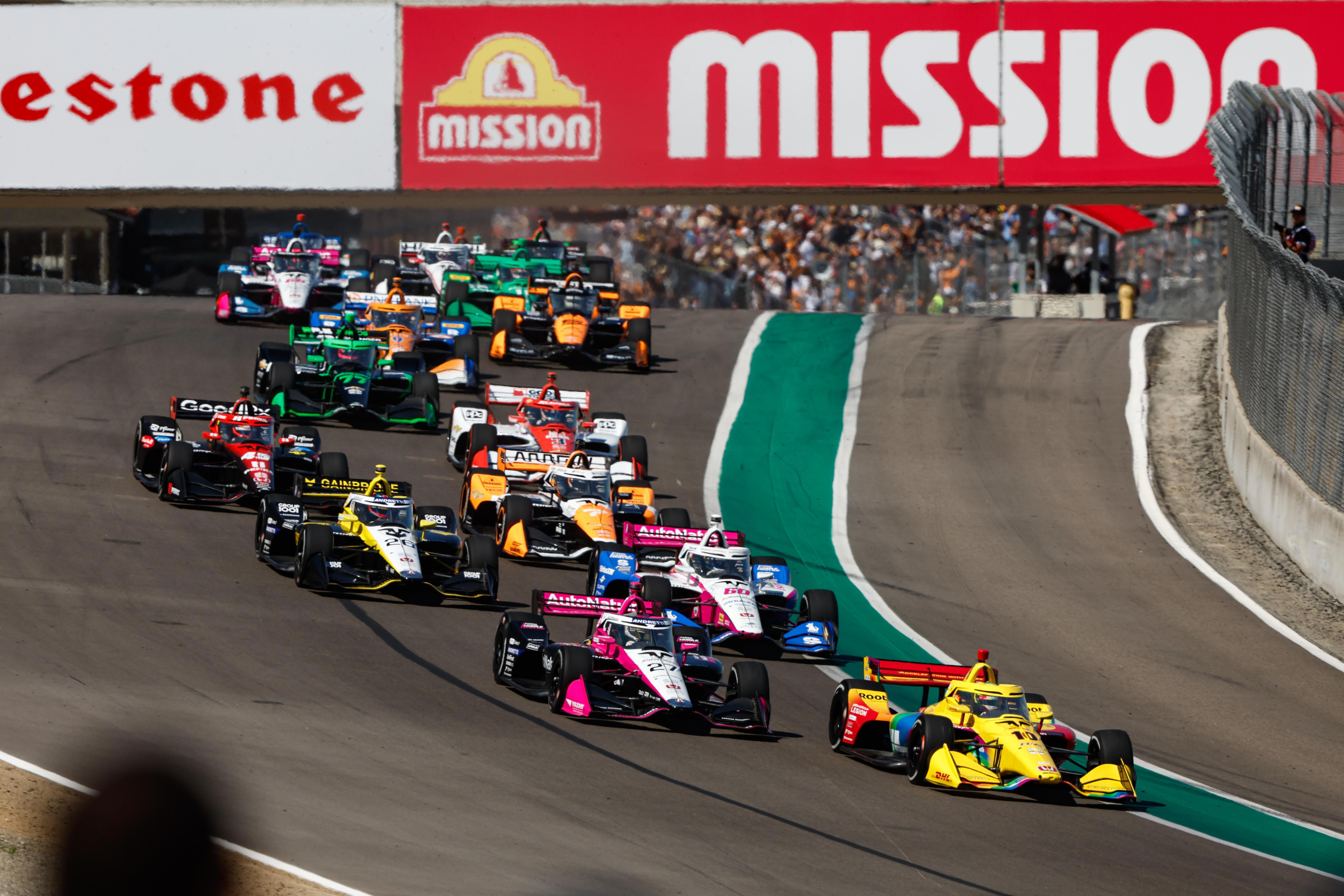 The start of the IndyCar race at Laguna Seca, led by Alex Palou.