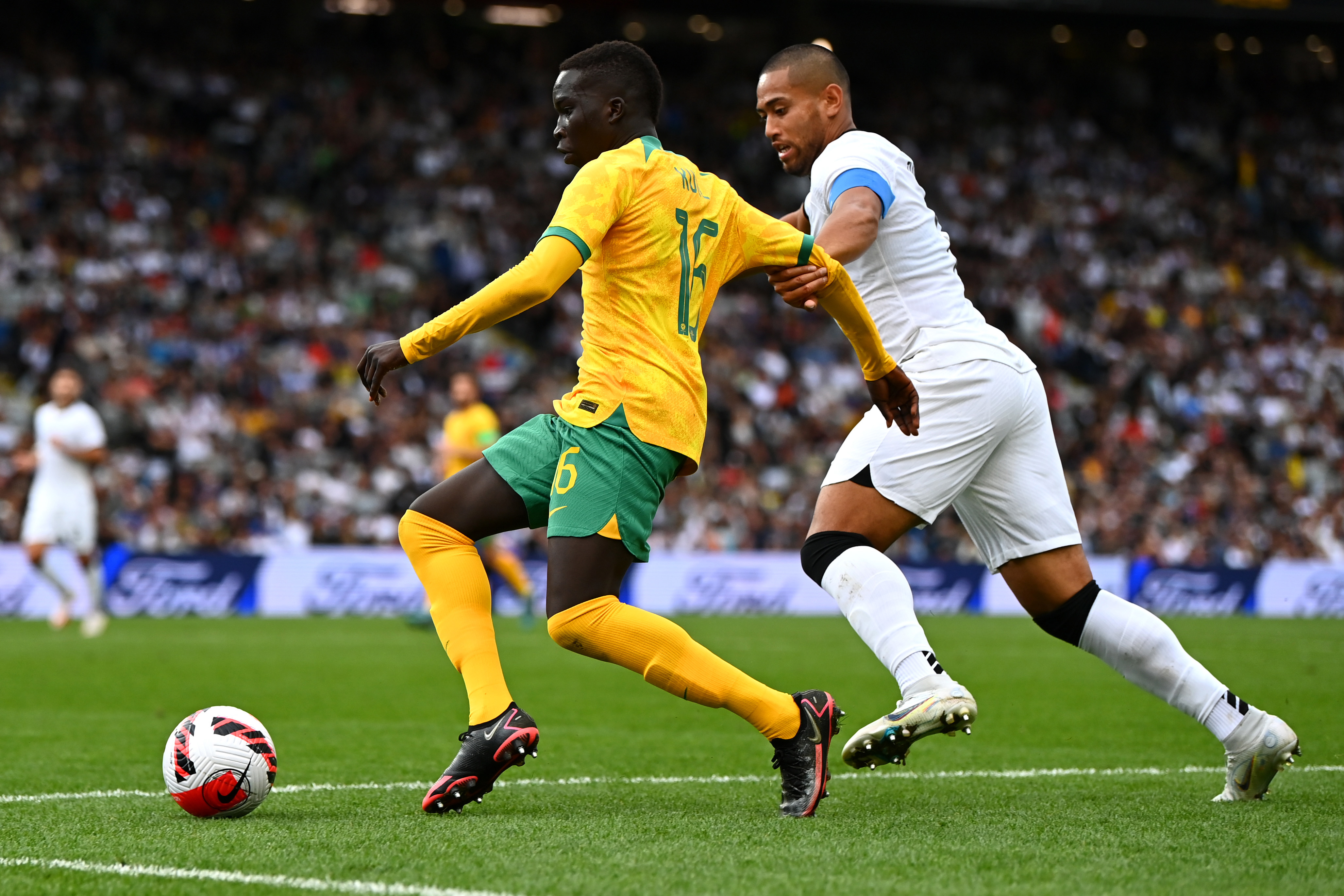 Garang Kuol of the Socceroos makes a break at Eden Park.