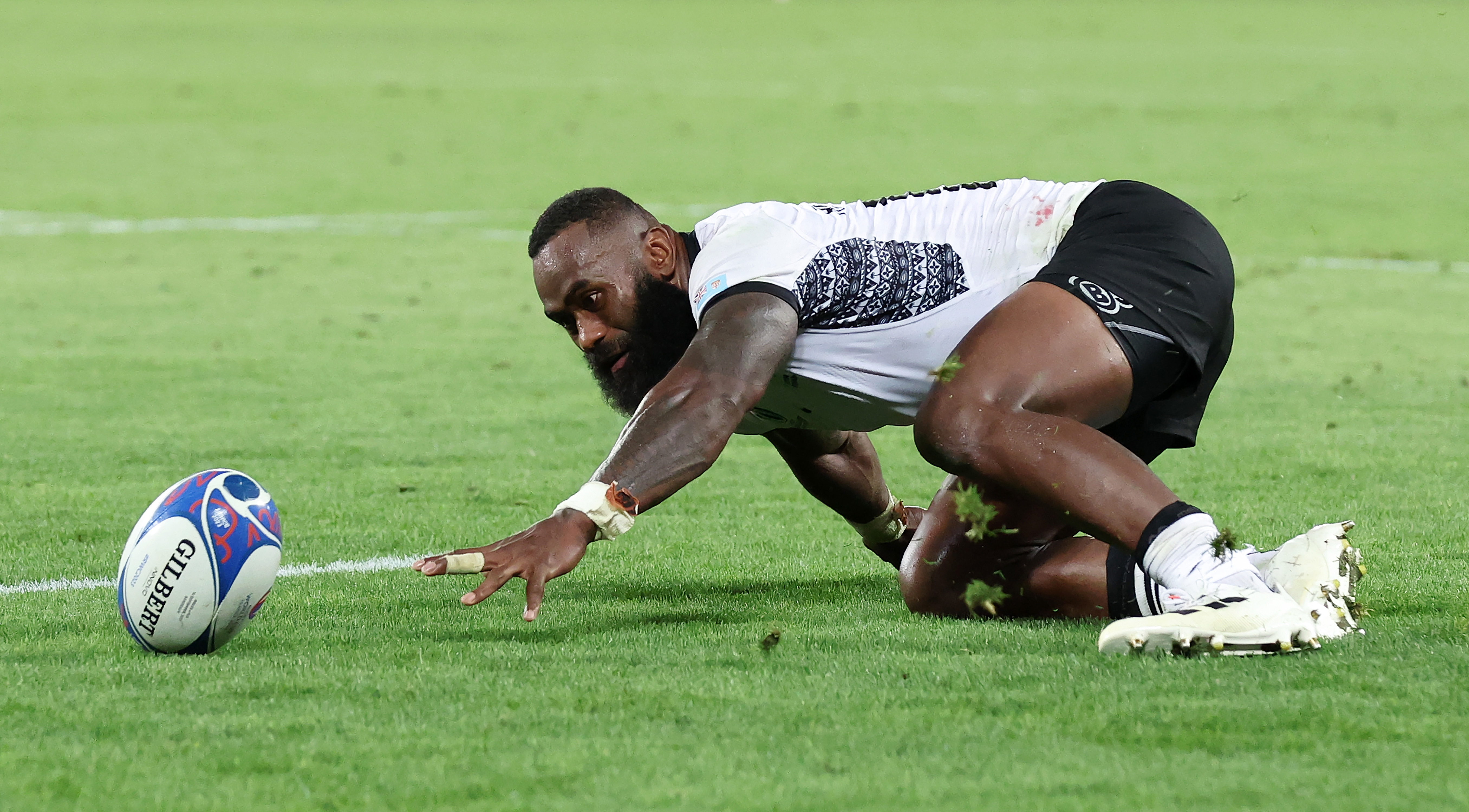 Semi Radradra drops the ball in the final seconds during the Rugby World Cup match between Wales and Fiji at Nouveau Stade de Bordeaux.