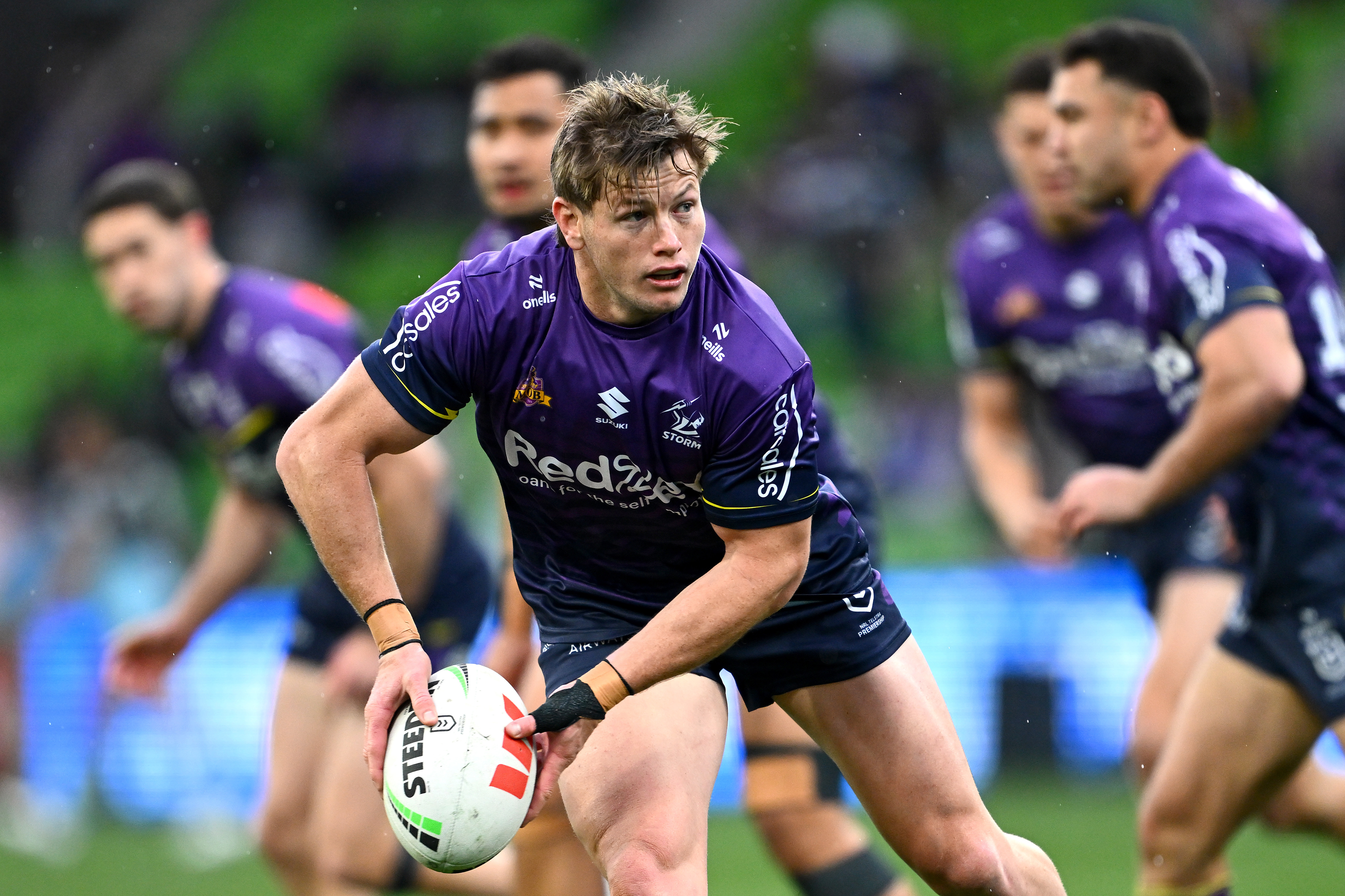 MELBOURNE, AUSTRALIA - SEPTEMBER 14: Harry Grant of the Storm warms up before the NRL Qualifying Final match between Melbourne Storm and Cronulla Sharks at AAMI Park on September 14, 2024 in Melbourne, Australia. (Photo by Quinn Rooney/Getty Images)