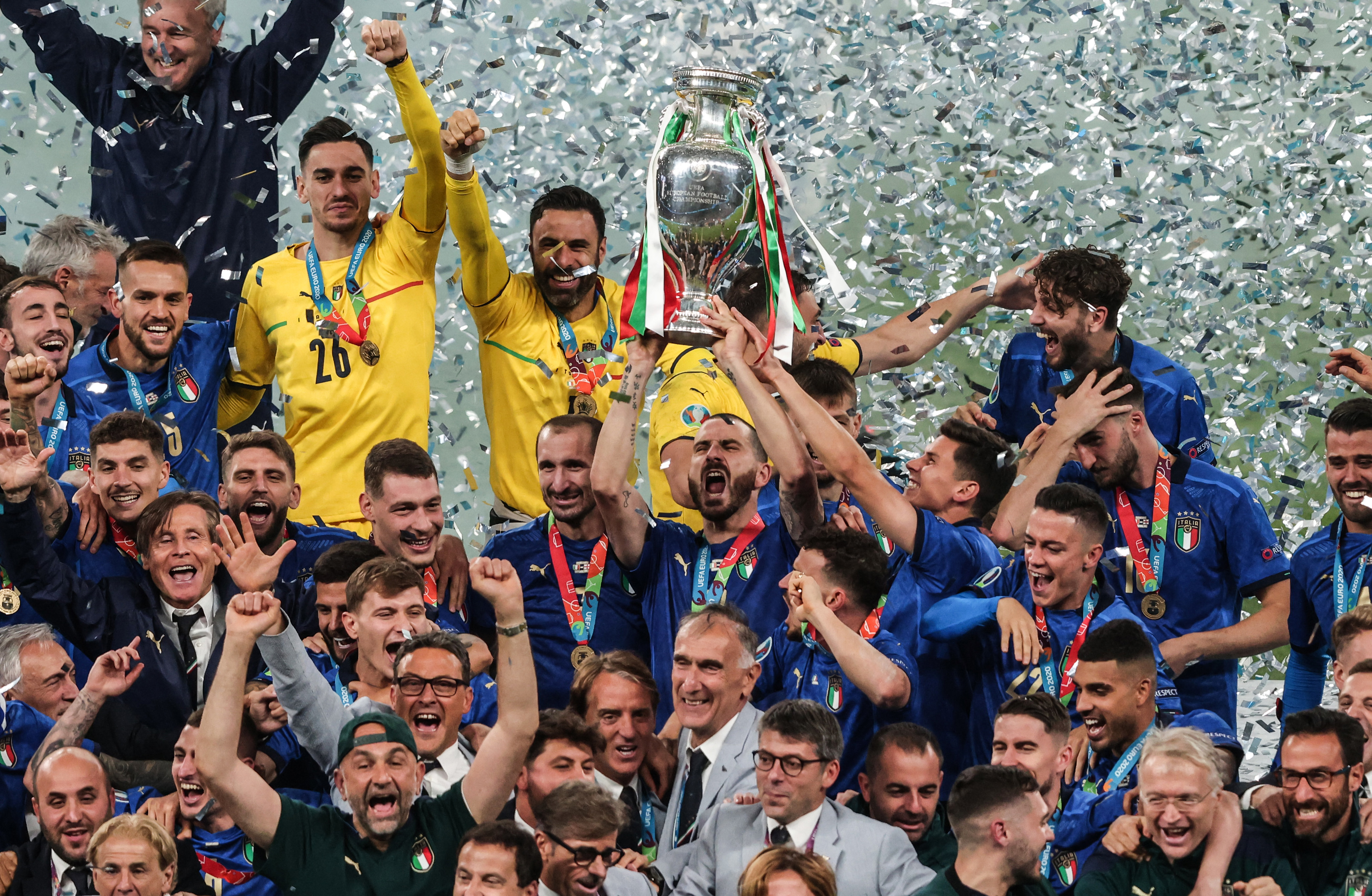 Leonardo Bonucci of Italy lifts the Euro 2020 trophy.