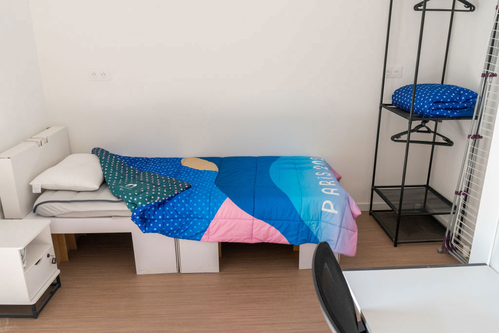 A cardboard bed inside an athletes' accommodation at the Olympic Village.