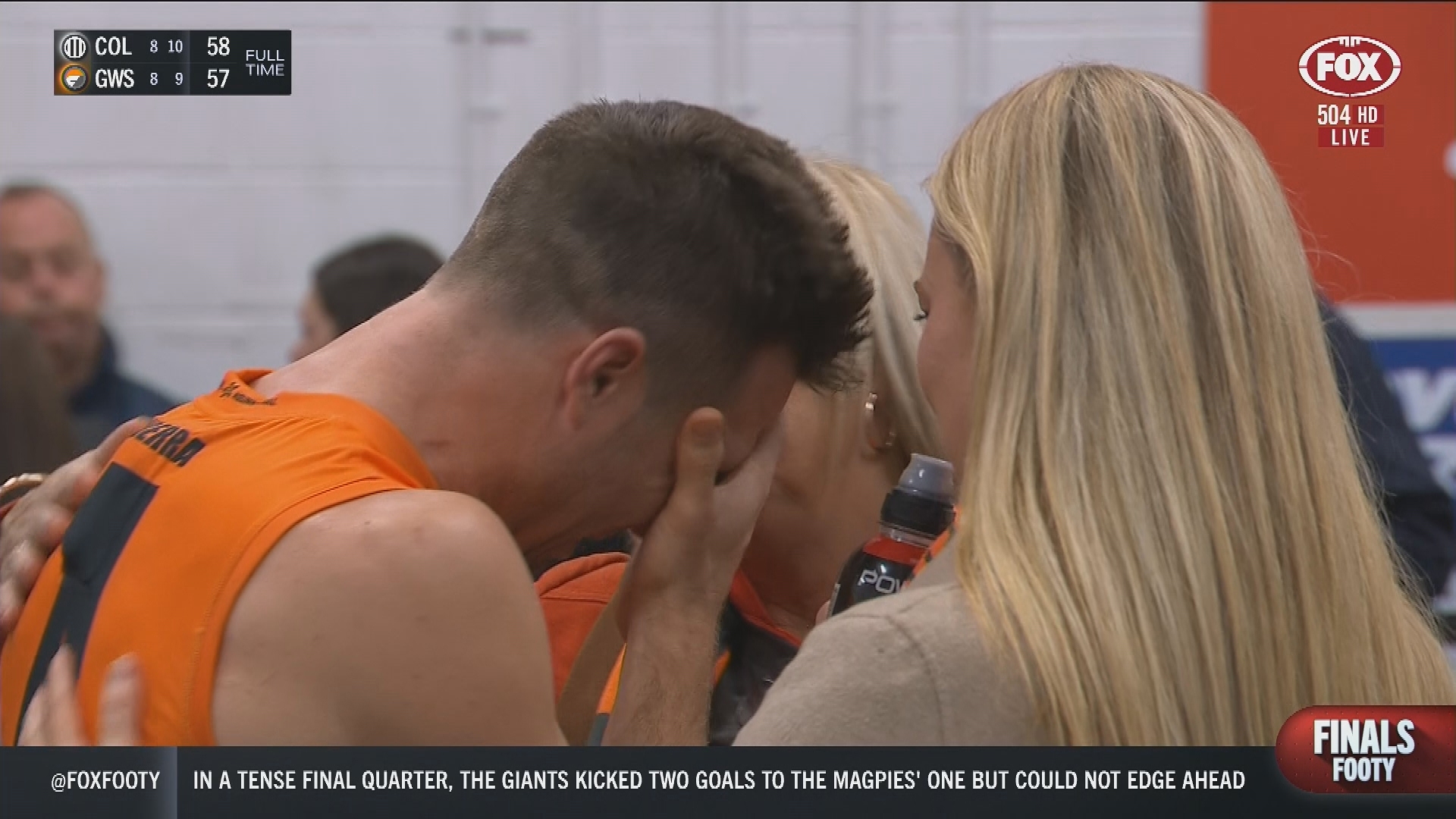 An emotional Toby Greene in the Giants sheds after their one-point preliminary final loss to Collingwood.