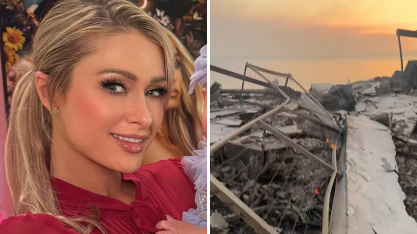 Paris Hilton and the wreckage of her Malibu home destroyed in the LA fires