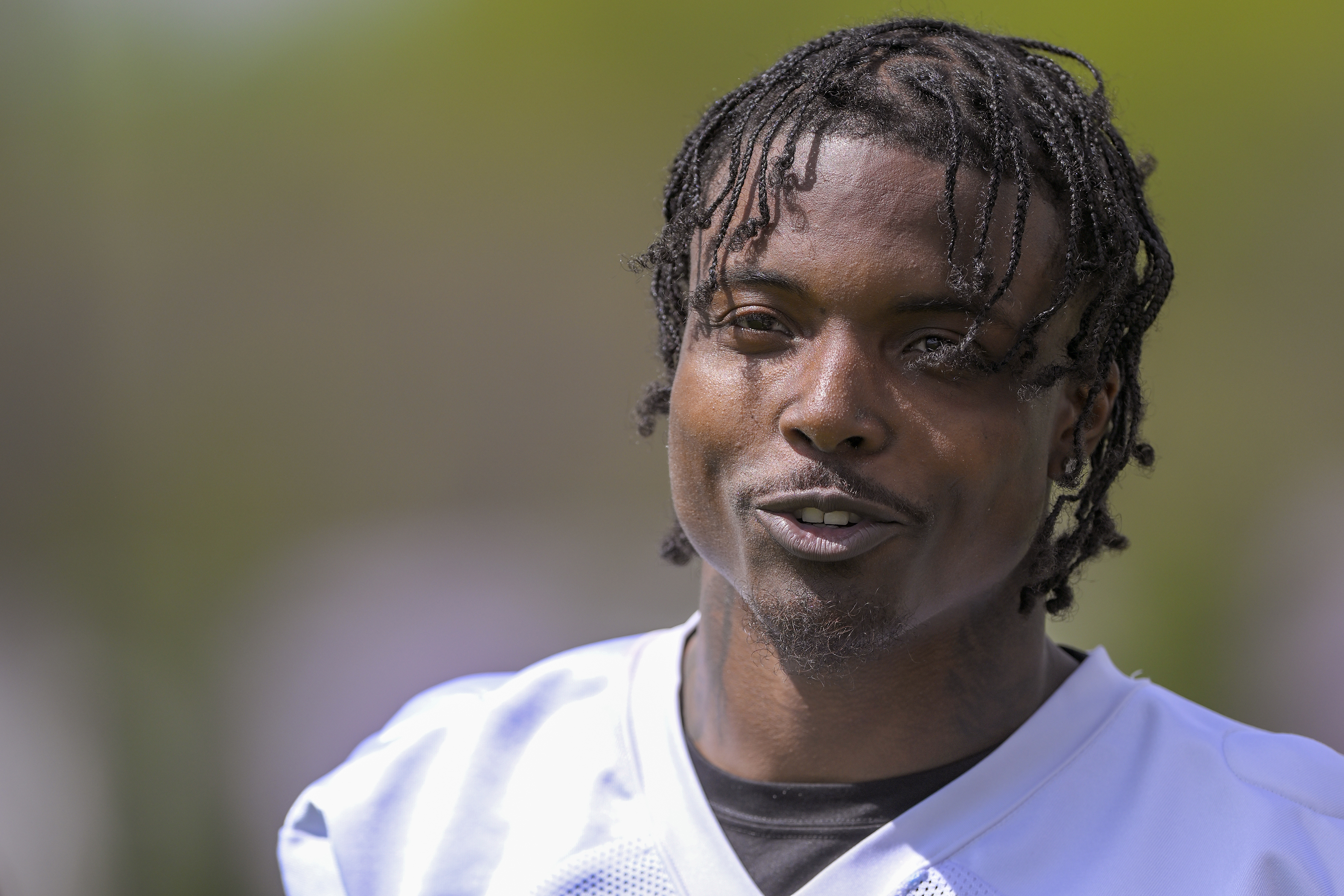 Khyree Jackson speaks with media during Minnesota Vikings Rookie Camp in May.