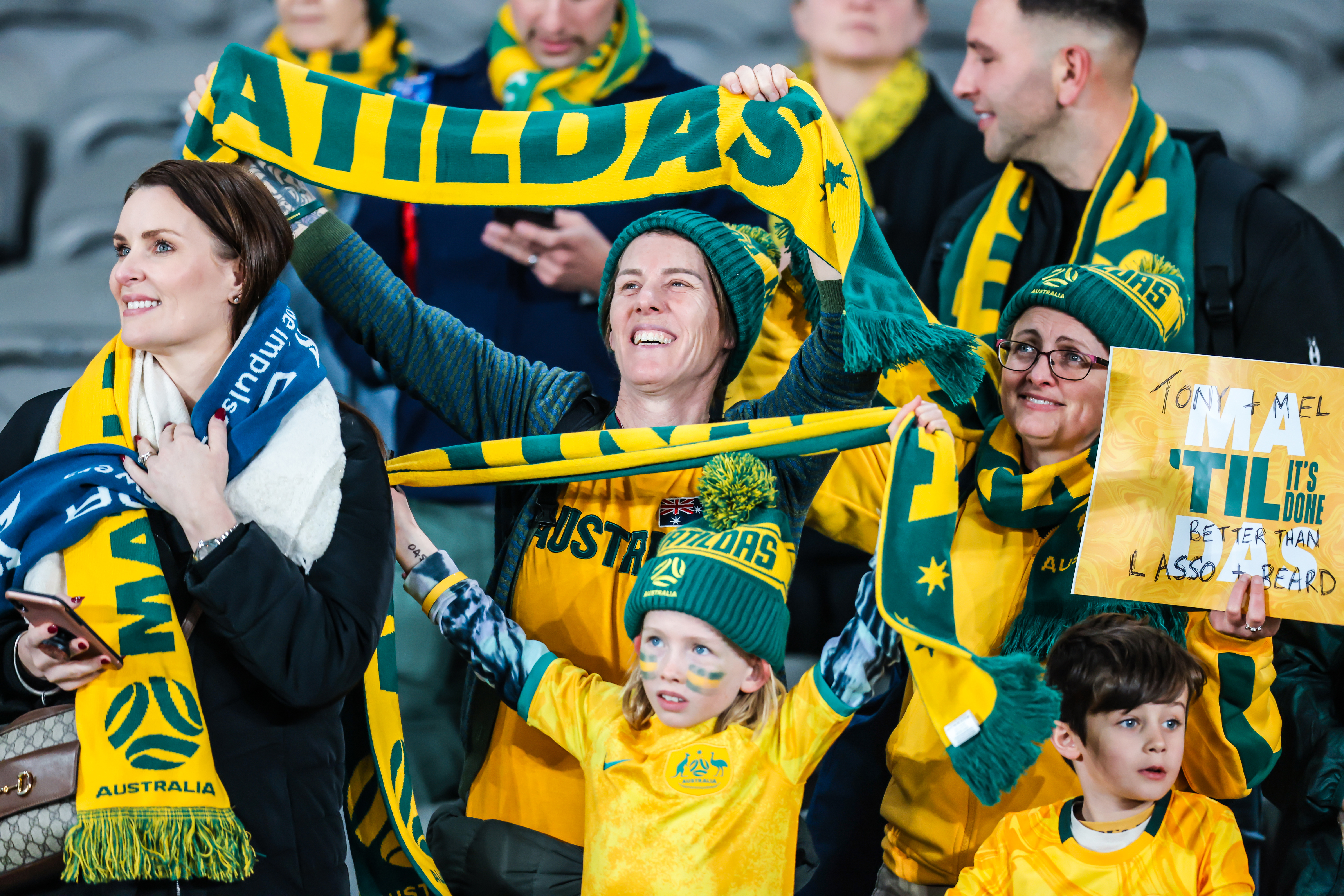 Matildas fans of all ages cheers on their team during the World Cup 2023 send off friendly match against France.