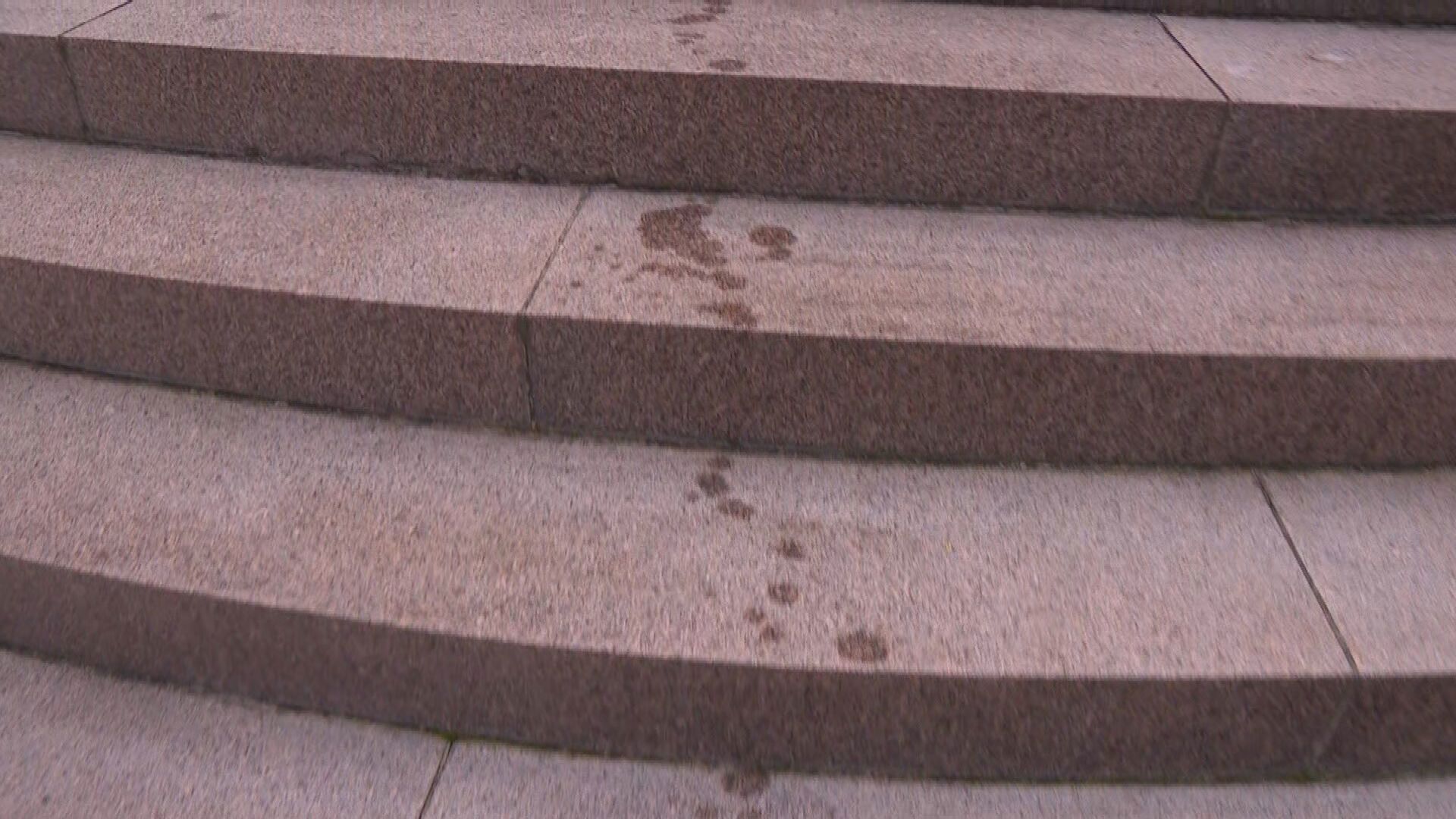 Two men allegedly sprayed an unknown oil-based substance on the Anzac memorial