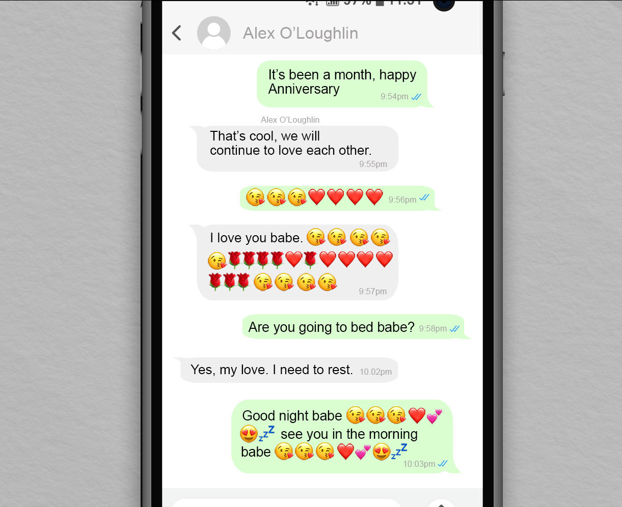 A conversation between Sonia* and the scammer posing as Alex O'Loughlin on WhatsApp.