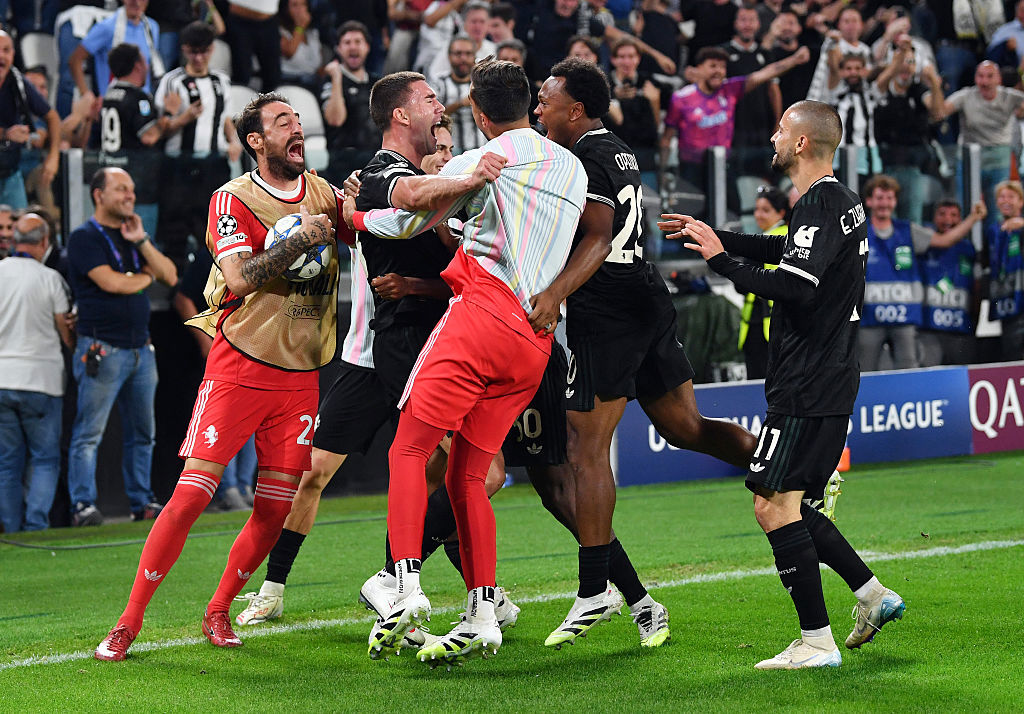 Dusan Vlahovic of Juventus celebrates scoring.