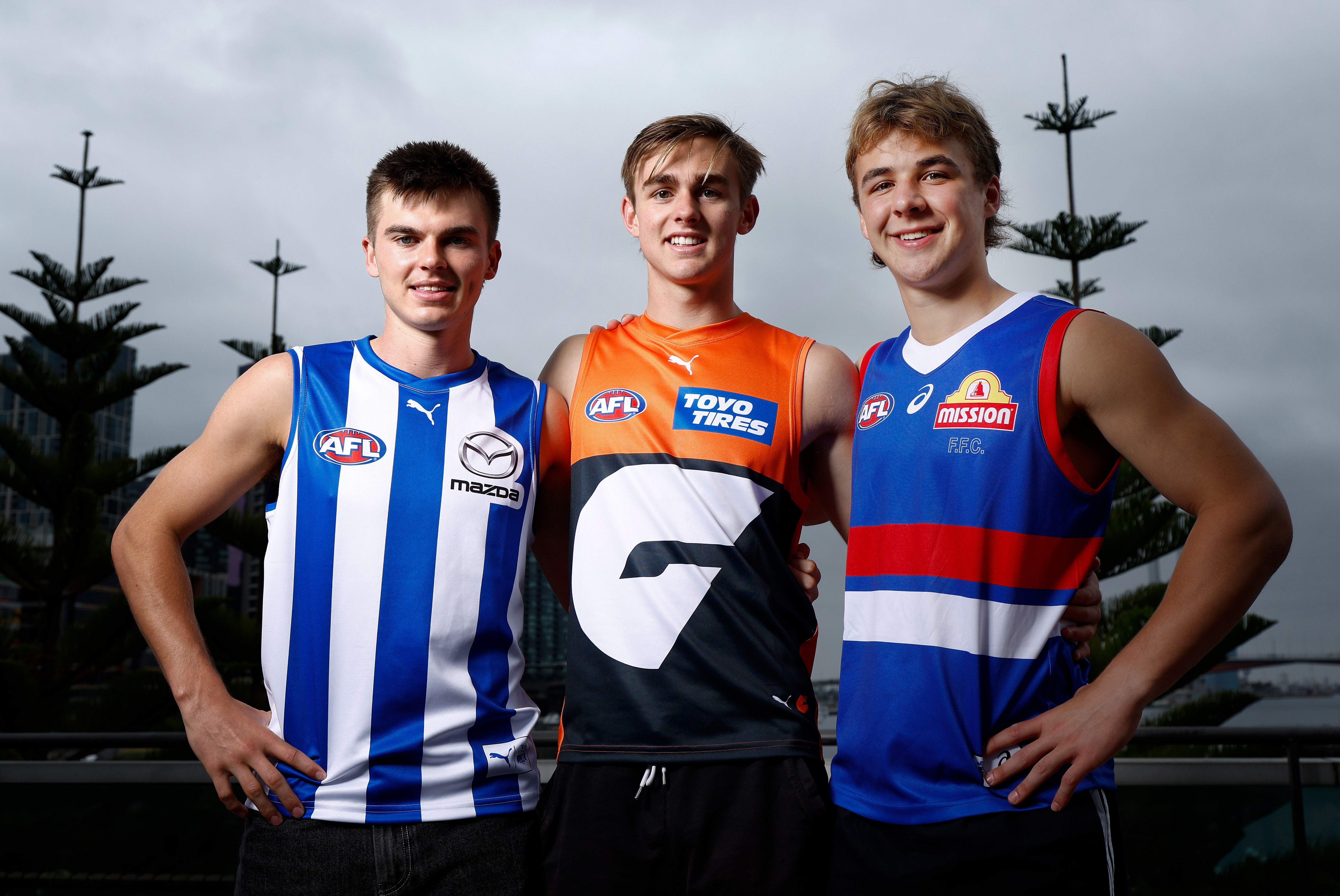 MELBOURNE, AUSTRALIA - NOVEMBER 21: (L-R) Colby McKercher of the Kangaroos, James Leake of the Giants and Ryley Sanders of the Giants pose during the AFL Draft Media Opportunity at Marvel Stadium on November 21, 2023 in Melbourne, Australia. (Photo by Michael Willson/AFL Photos via Getty Images)