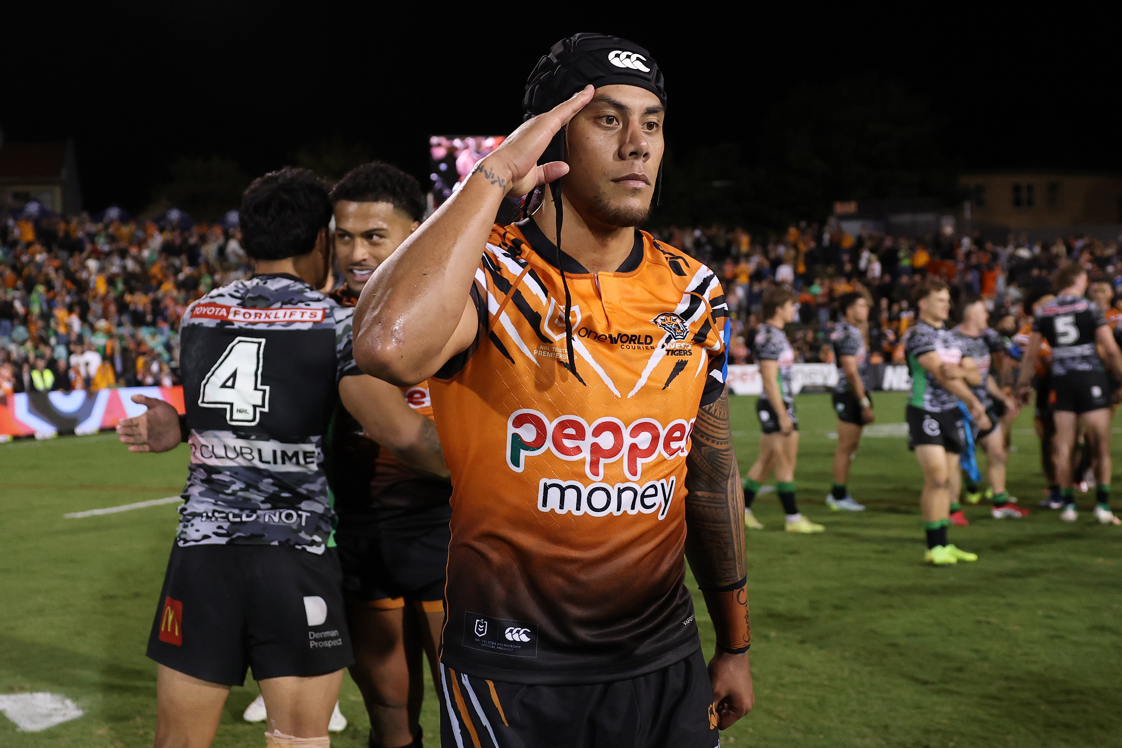 SYDNEY, AUSTRALIA - APRIL 23: Jarome Luai of the Wests Tigers celebrates after winning the round eight NRL match between the Wests Tigers and Canberra Raiders at Leichhardt Oval on April 23, 2026 in Sydney, Australia. (Photo by Cameron Spencer/Getty Images)