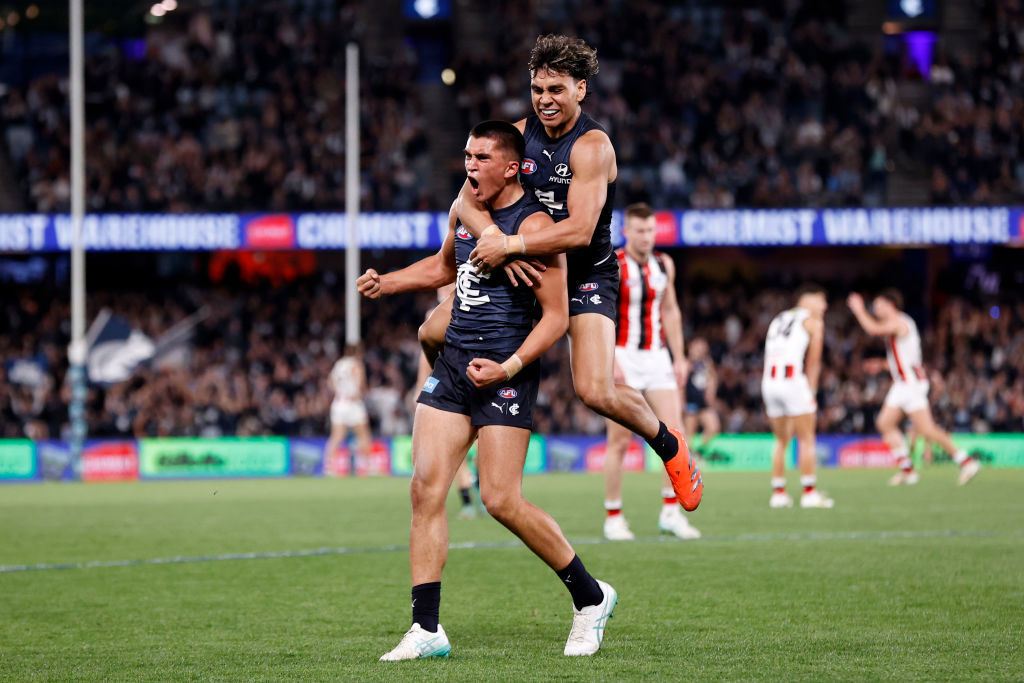 Ashton Moir of the Blues celebrates a goal  during the round 24 AFL match between Carlton Blues and St Kilda Saints.