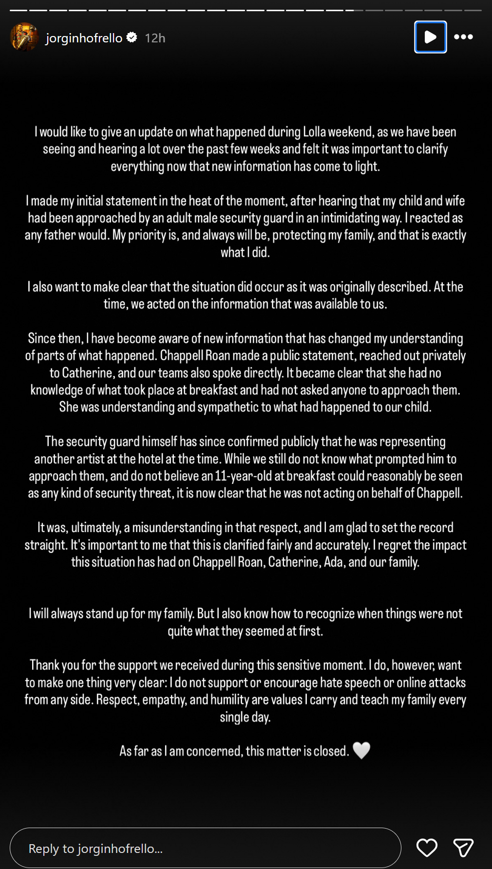 Jorginho Frello took to his Instagram account to give an update on the incident that went mega-viral, which involved a security guard yelling at his step-daughter in a Brazilian hotel. 