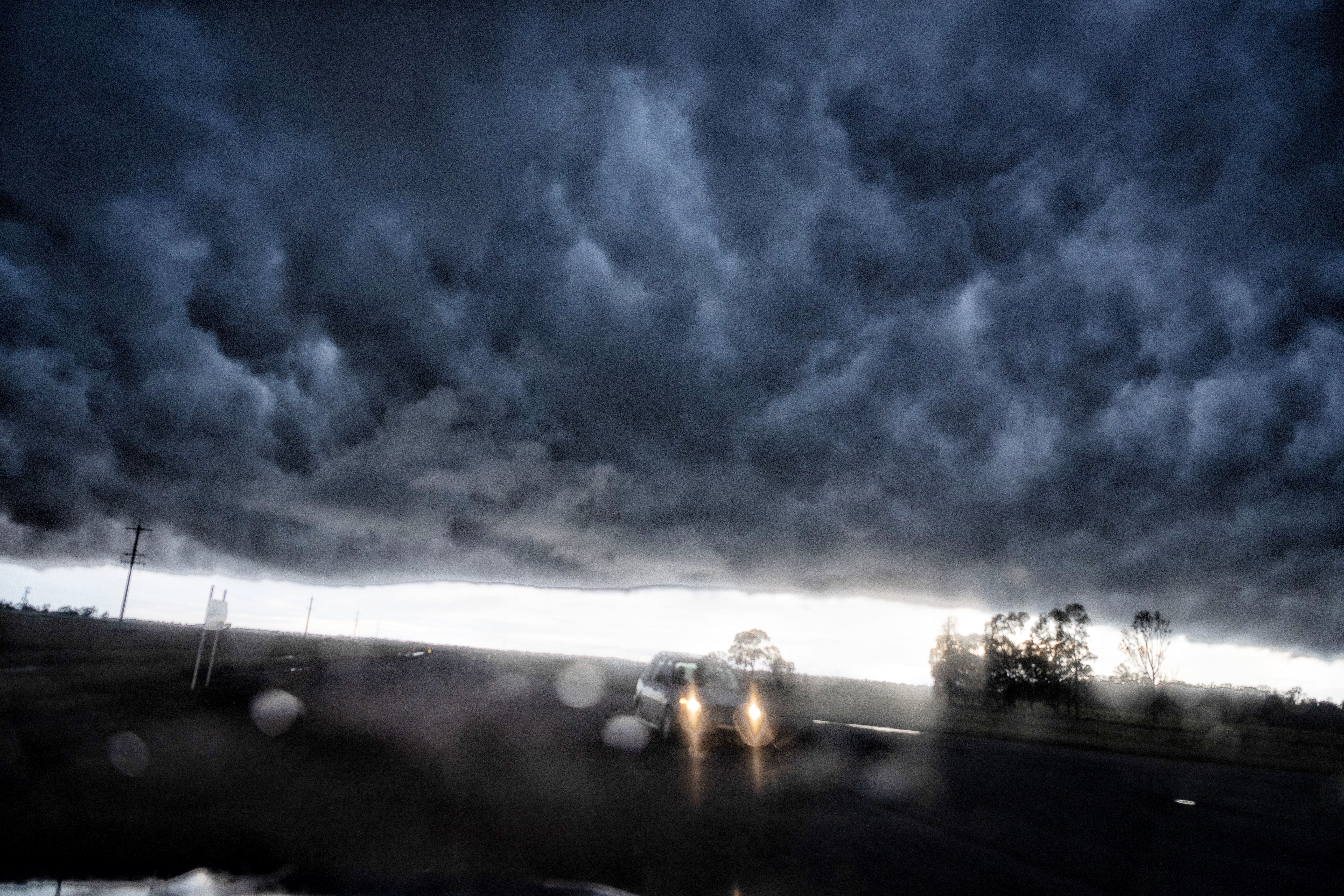 Inside a whale's mouth. The turbulent underside of a shelf cloud is pictured near Griffith, NSW.  