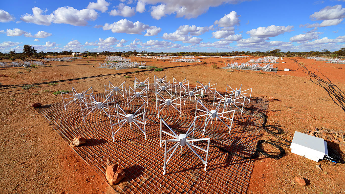 Antennas from the MWA telescope, on Wajarri Country in Western Australia