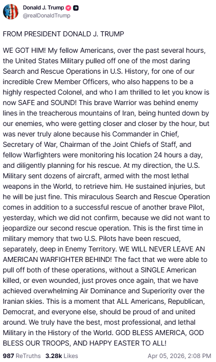 US President Donald Trump lauded the rescue operation in a post on his Truth Social site.