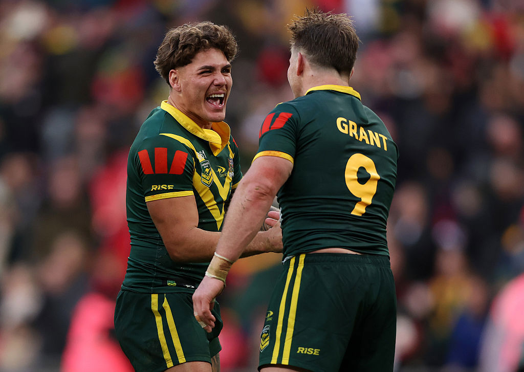 Reece Walsh and Harry Grant of Australia celebrate after winning game one.