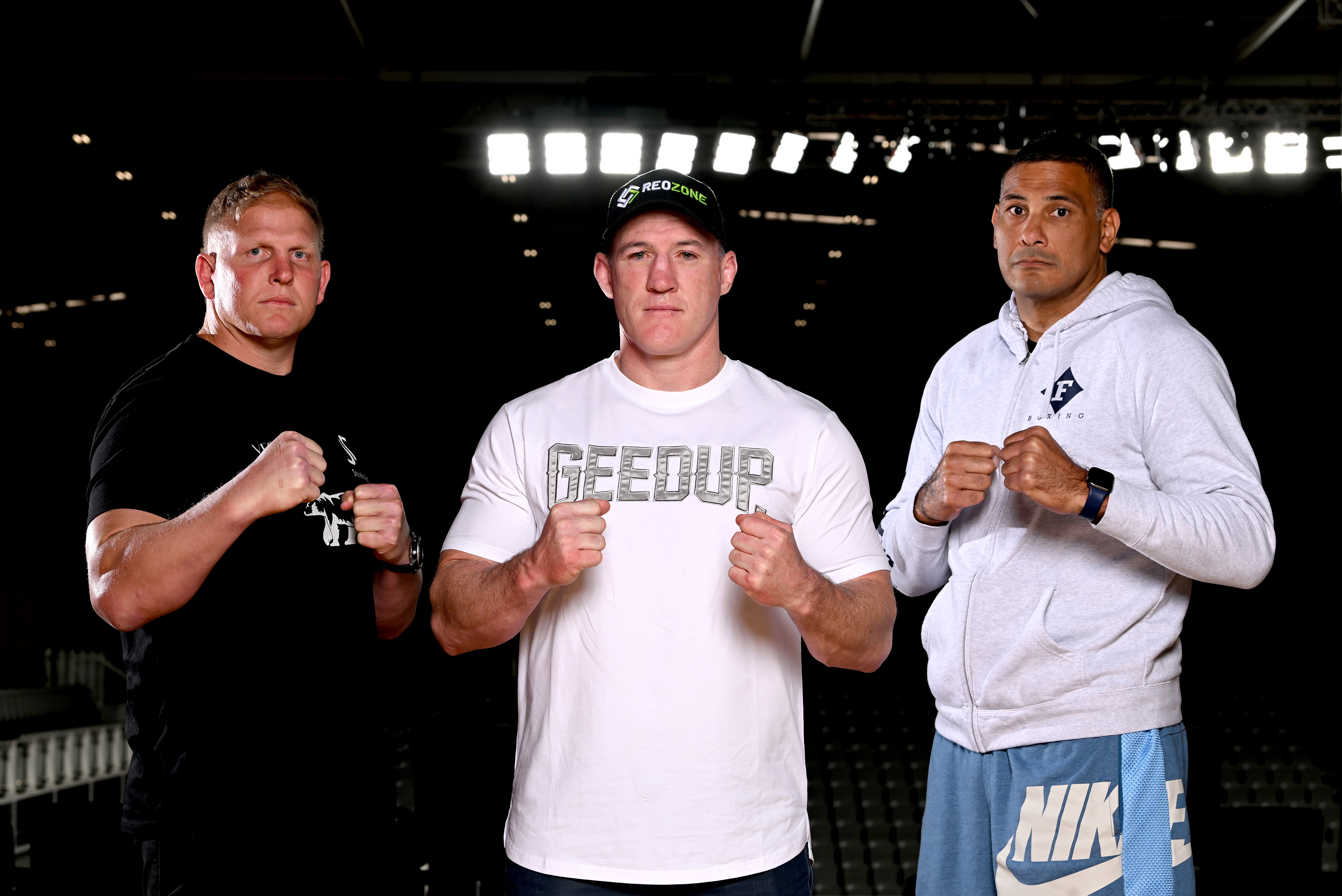 Paul Gallen (centre) will fight Ben Hannant and Justin Hodges at Nissan Arena on August 10.