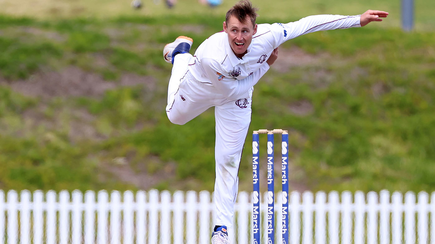 Marnus Labuschagne of the Queensland Bulls bowls during day four of the Sheffield Shield match between Queensland and Tasmania