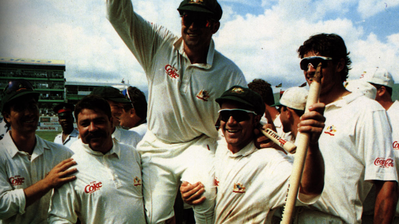 Mark Taylor is chaired off the ground by his Australian teammates.