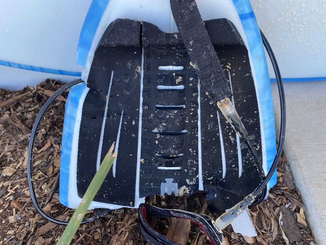 Toby Begg's board after he was attacked by a shark in Port Macquarie.