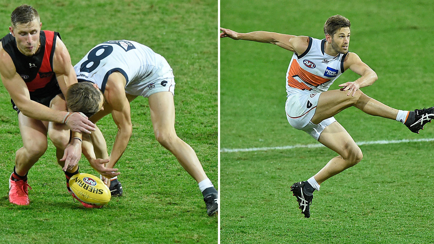 Callan Ward of the Giants competes for the ball during the round 10 AFL match against the Essendon Bombers 
