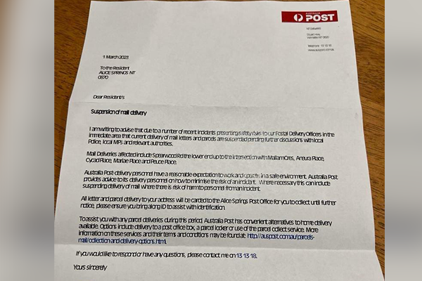 Letter from Australia Post to Alice Springs residents notifying of mail suspension.