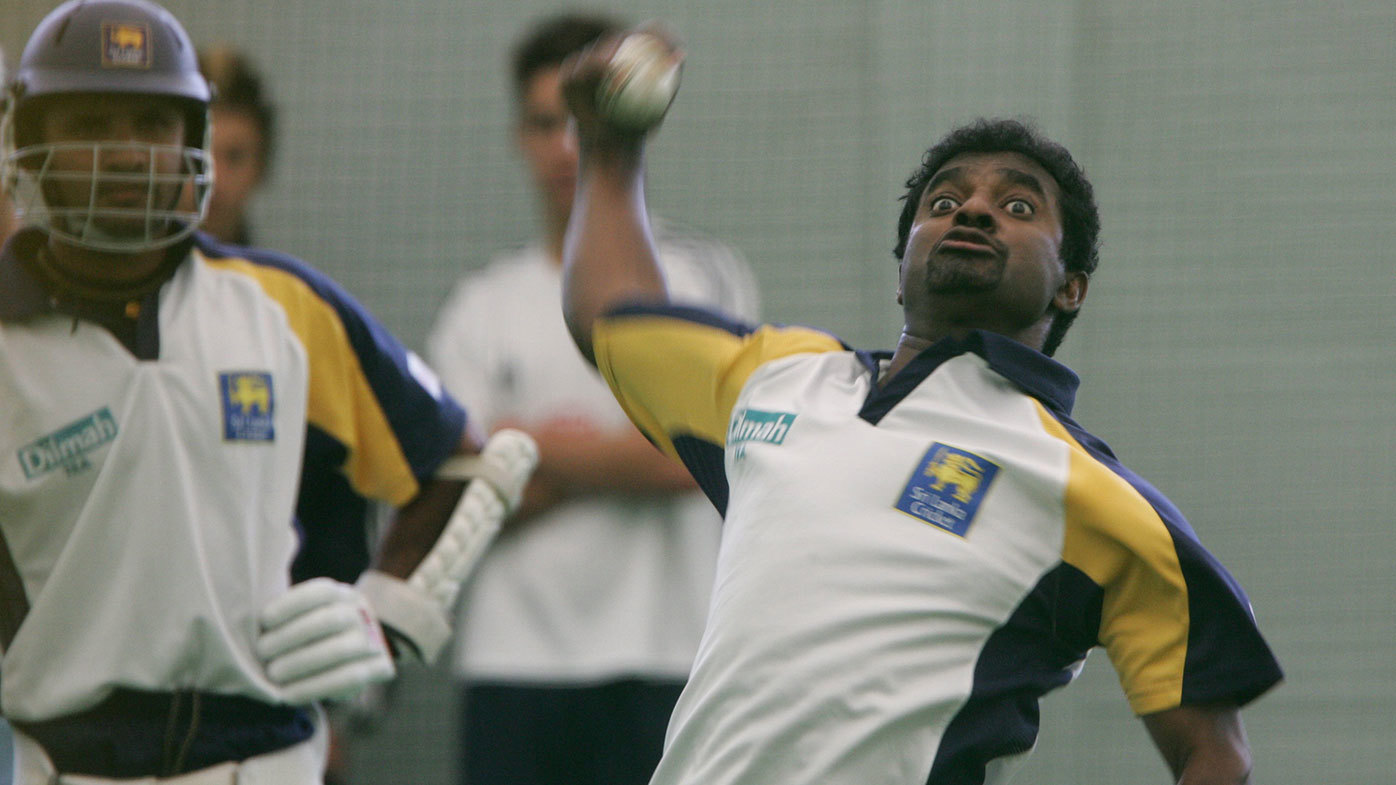 Muttiah Muralitharan bowling in the nets later in his career.