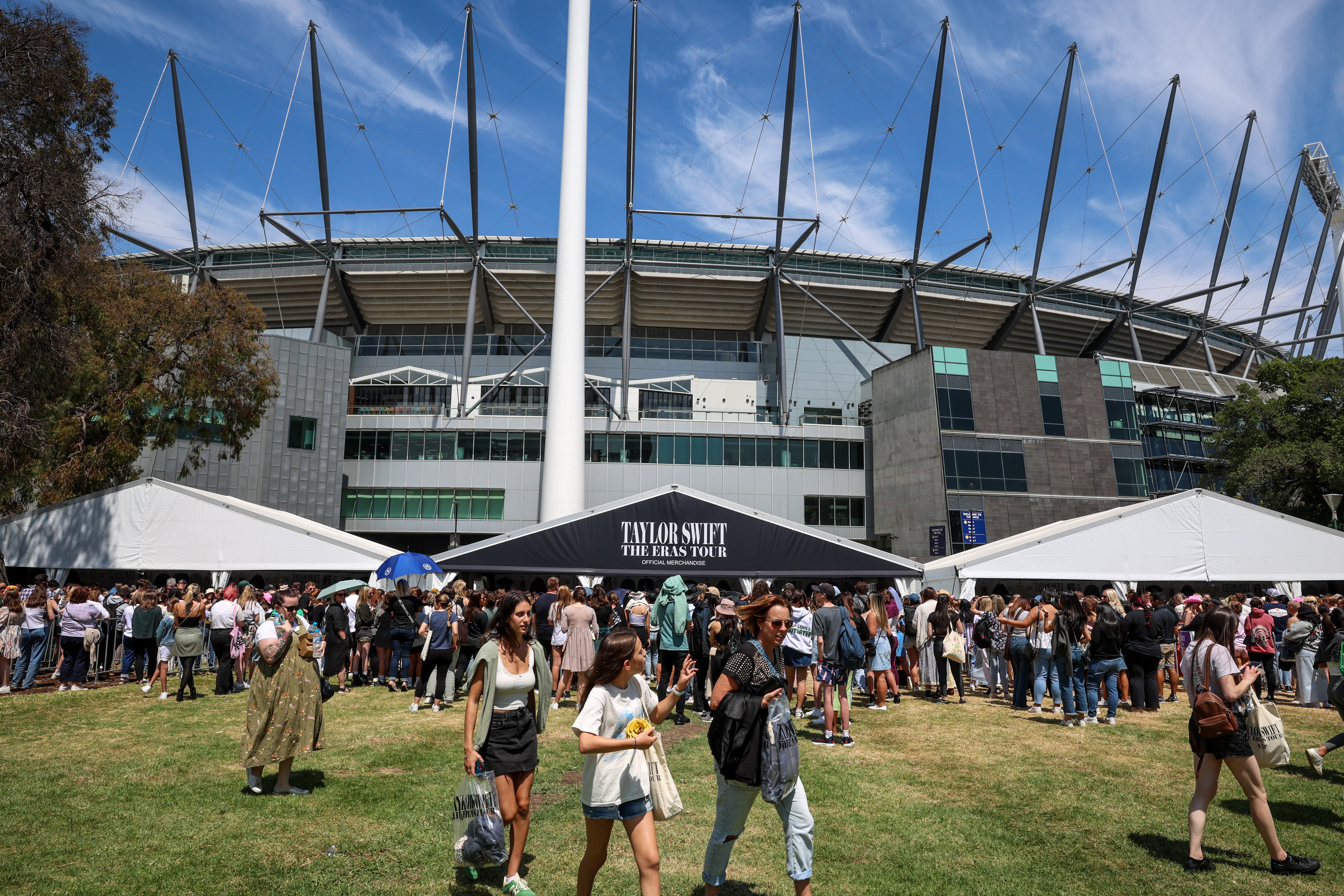 Taylor Swift fans also known as "Swifties" are seen arriving before she performs as part of her "Taylor Swift | The Eras Tour" at Melbourne Cricket Ground on February 16, 2024.