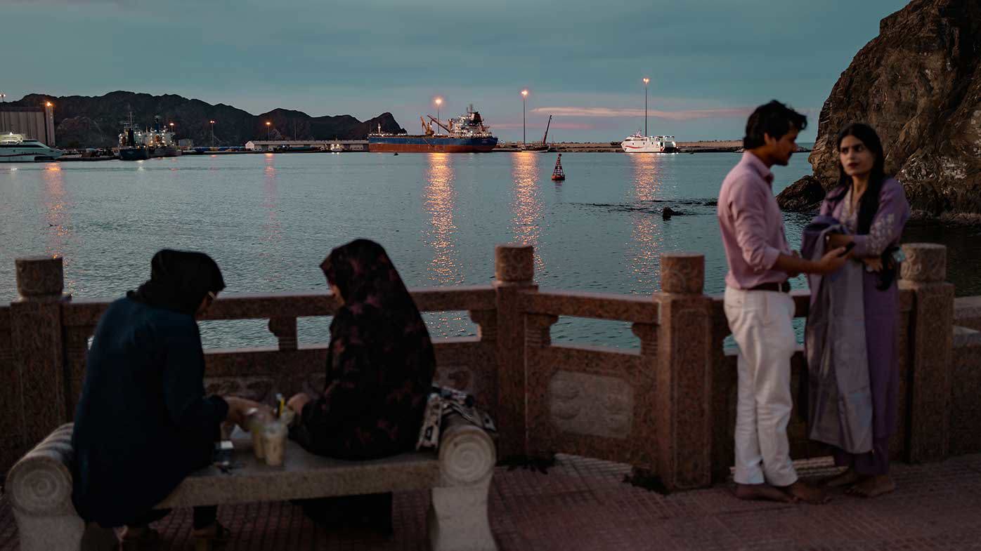 Stranded tankers sit anchored in Muscat, Oman, unable to pass through the Strait of Hormuz.