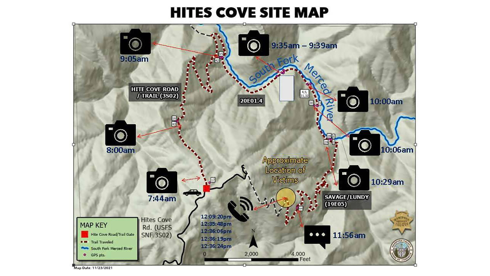 This map from the Mariposa County Sheriff's Office shows cell phone usage from Jonathan Gerrish and Ellen Chung.