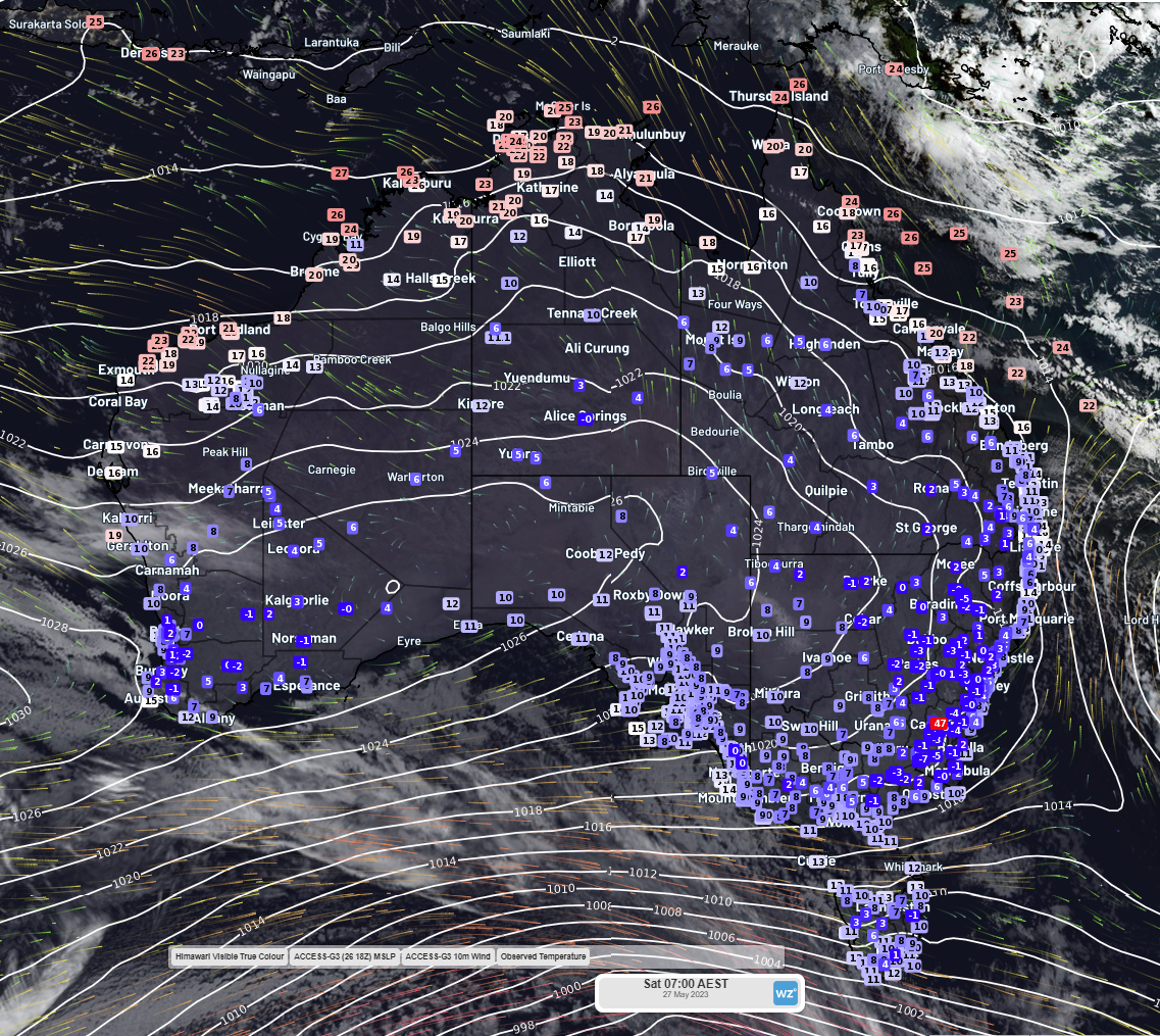 Observed temperature at 7:00 AM AEST Saturday 27 May 2023, with Access-G's forecast mean sea level pressure and 10 metre winds for the same time and date 