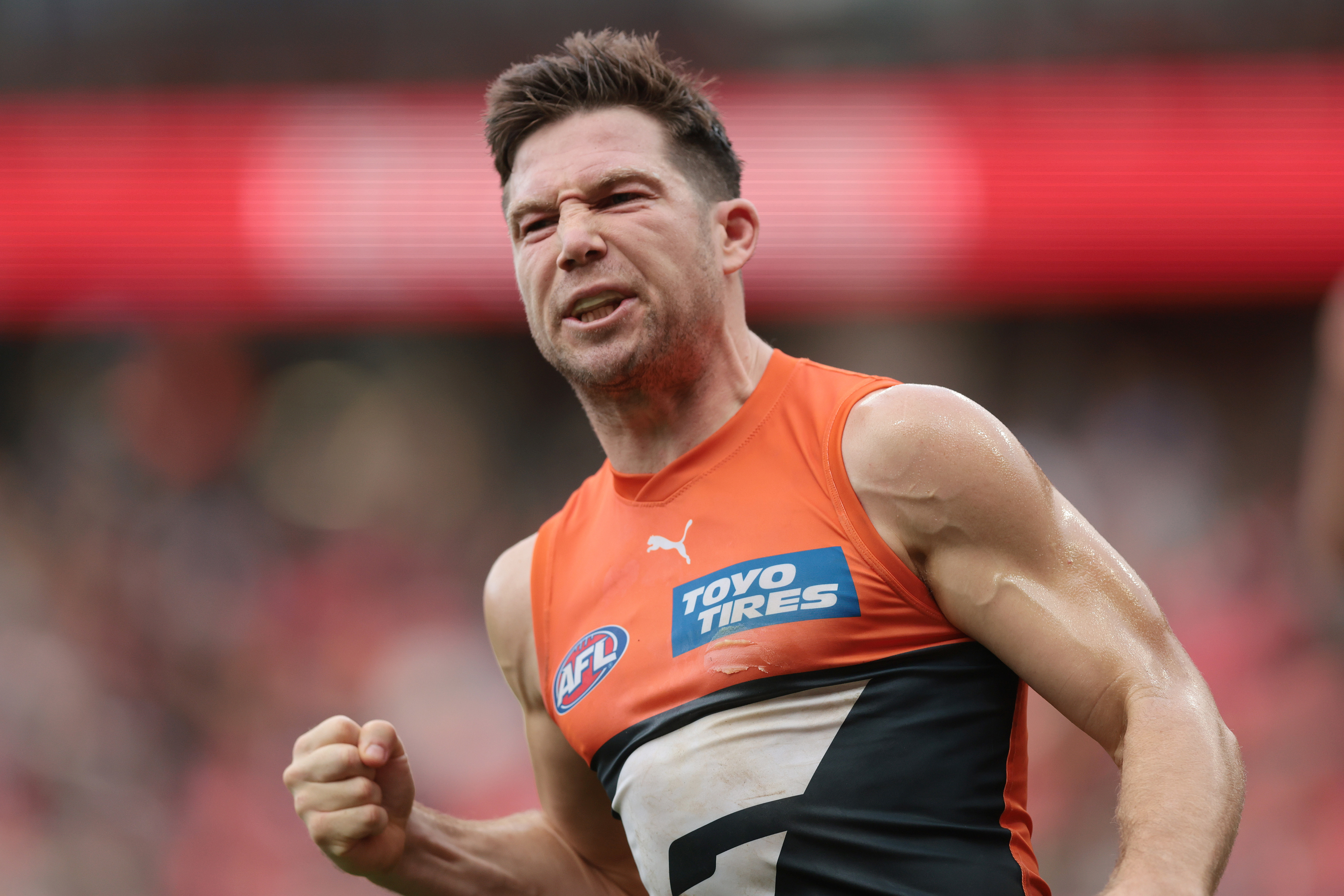 SYDNEY, AUSTRALIA - JUNE 04:  Toby Greene of the Giants celebrates kicking a goal during the round 12 AFL match between Greater Western Sydney Giants and Richmond Tigers at GIANTS Stadium, on June 04, 2023, in Sydney, Australia. (Photo by Mark Metcalfe/AFL Photos/via Getty Images )