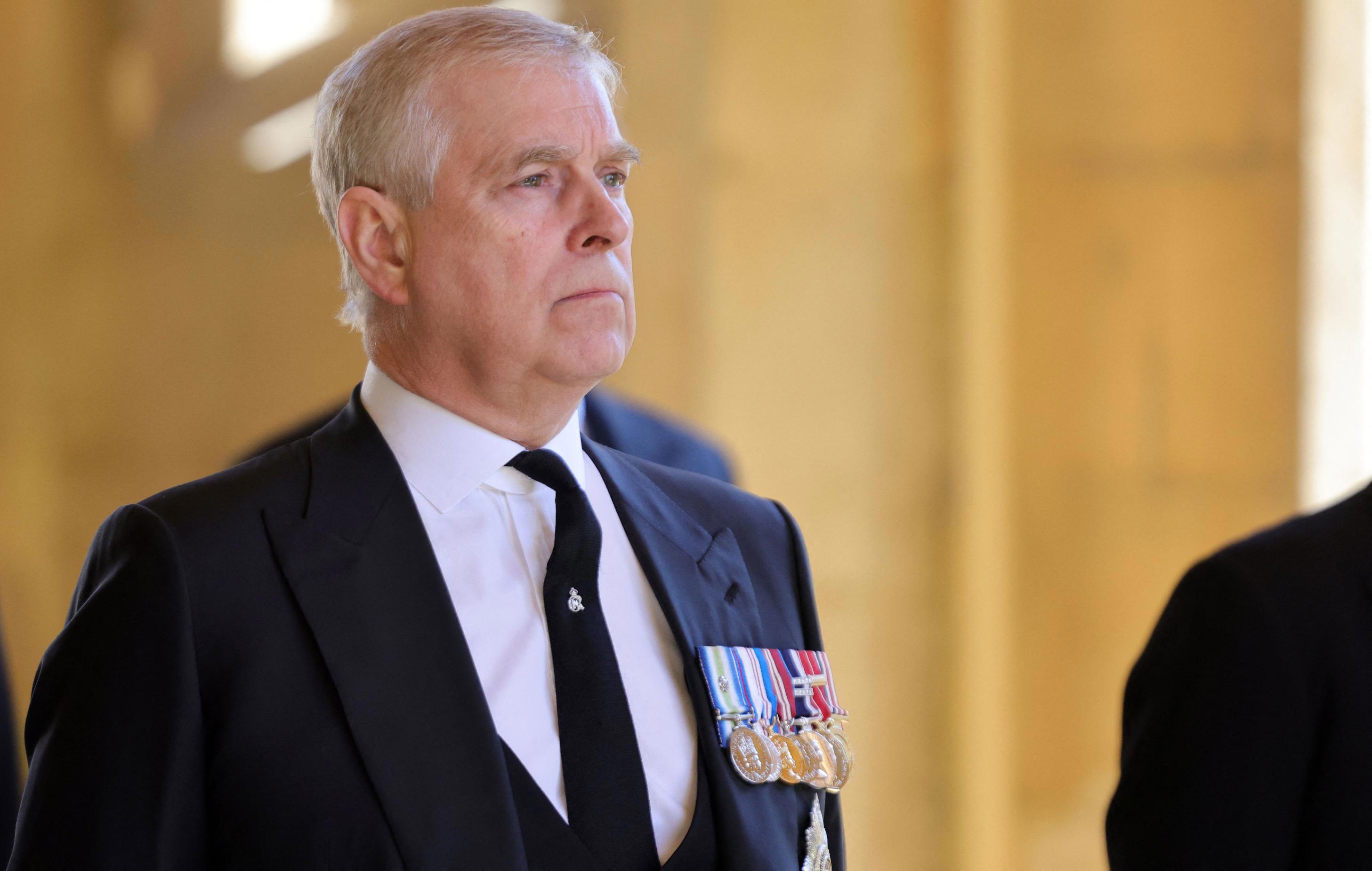 Prince Andrew at Prince Philip's funeral in Windsor on April 17