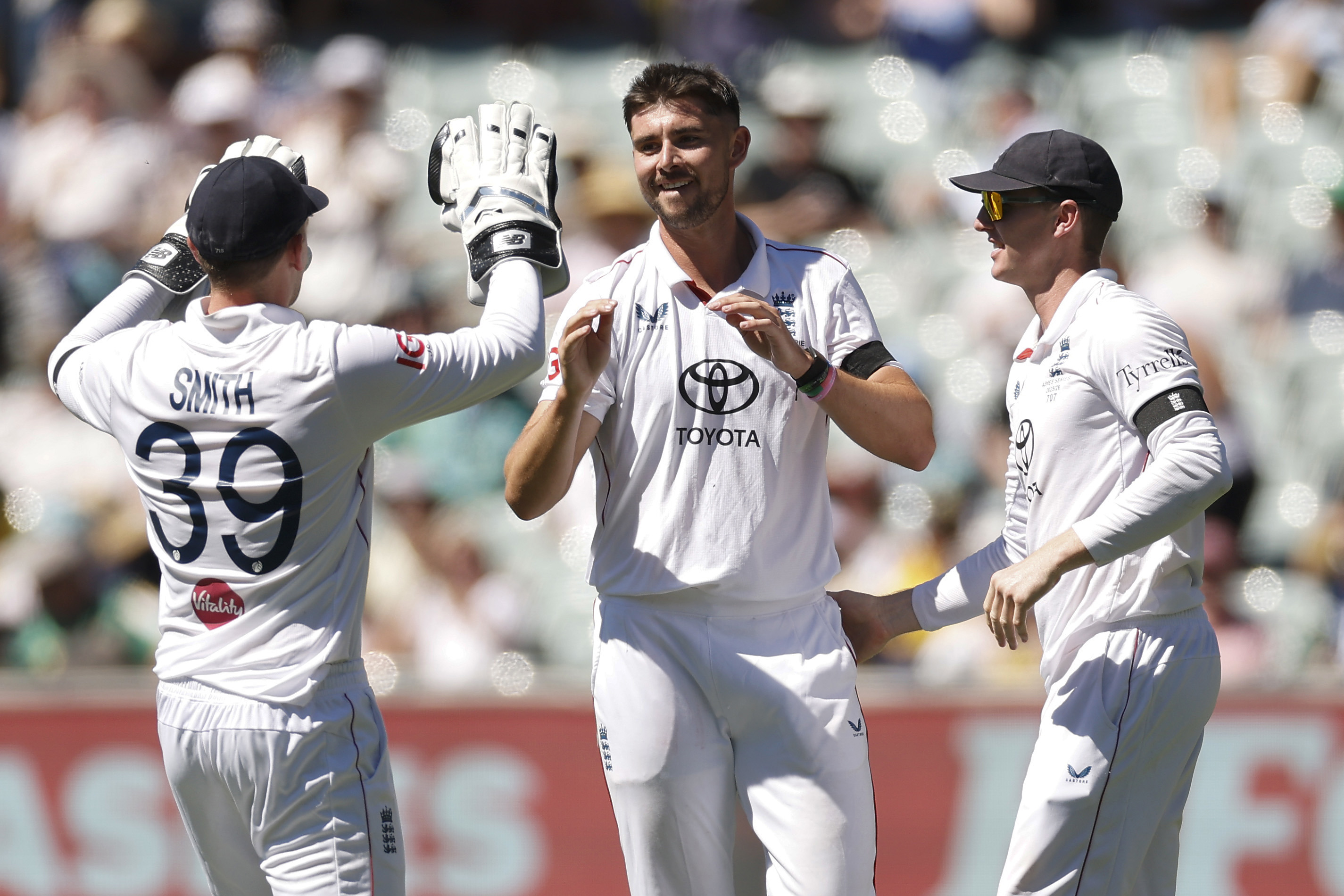 Josh Tongue celebrates the wicket of Josh Inglis on day one of the Adelaide Test in the 2025 Ashes series. 