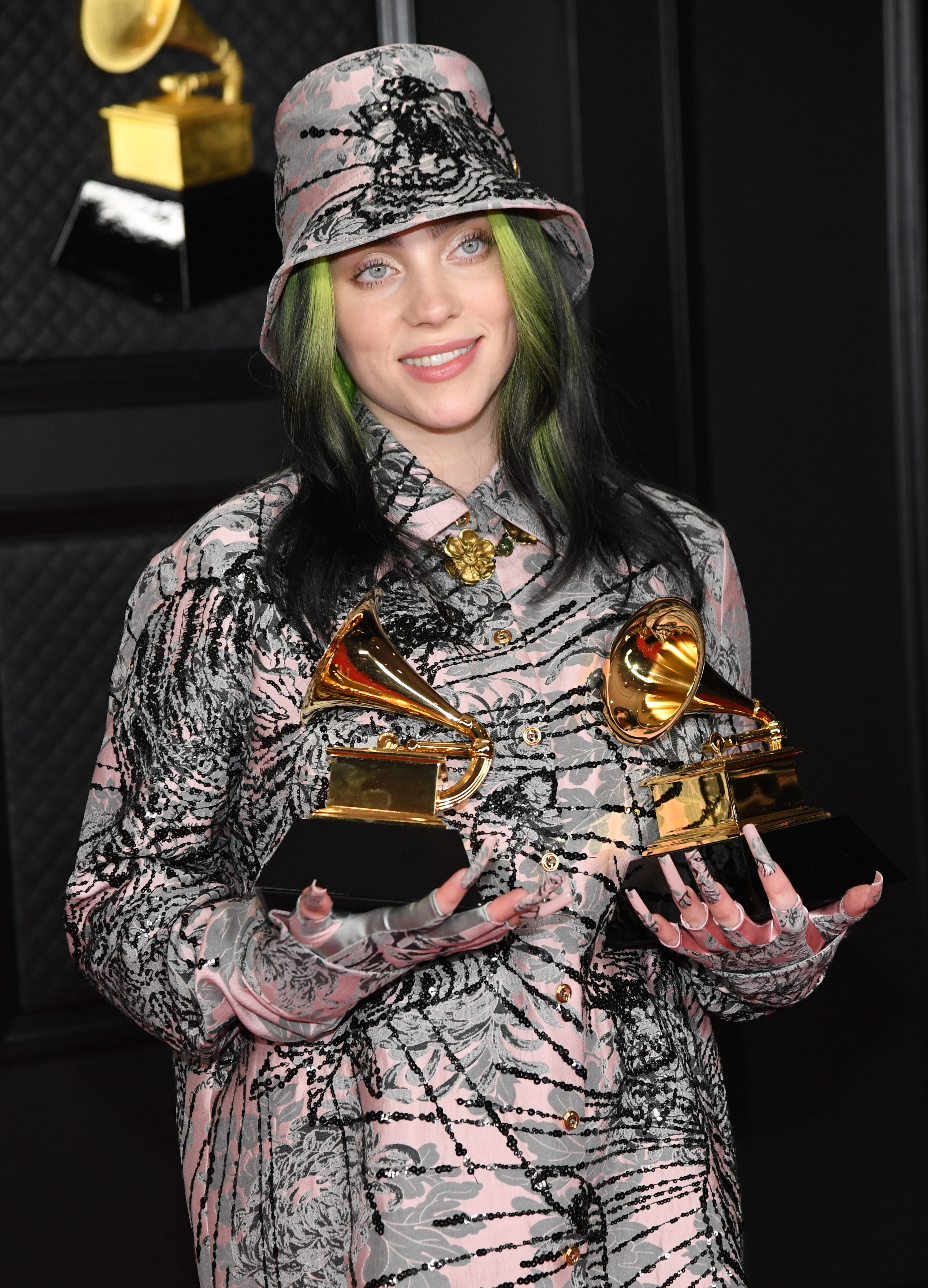Billie Eilish, winner of Record of the Year for 'Everything I Wanted' and Best Song Written For Visual Media for "No Time To Die", poses in the media room during the 63rd Annual GRAMMY Awards.