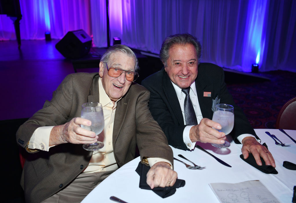 LAS VEGAS, NEVADA - JULY 30: Comedian Shecky Greene and singer/comedian Nelson Sardelli attend Pat Cooper's Celebration of Life at the Italian American Club on July 30, 2023 in Las Vegas, Nevada. (Photo by Denise Truscello/WireImage)