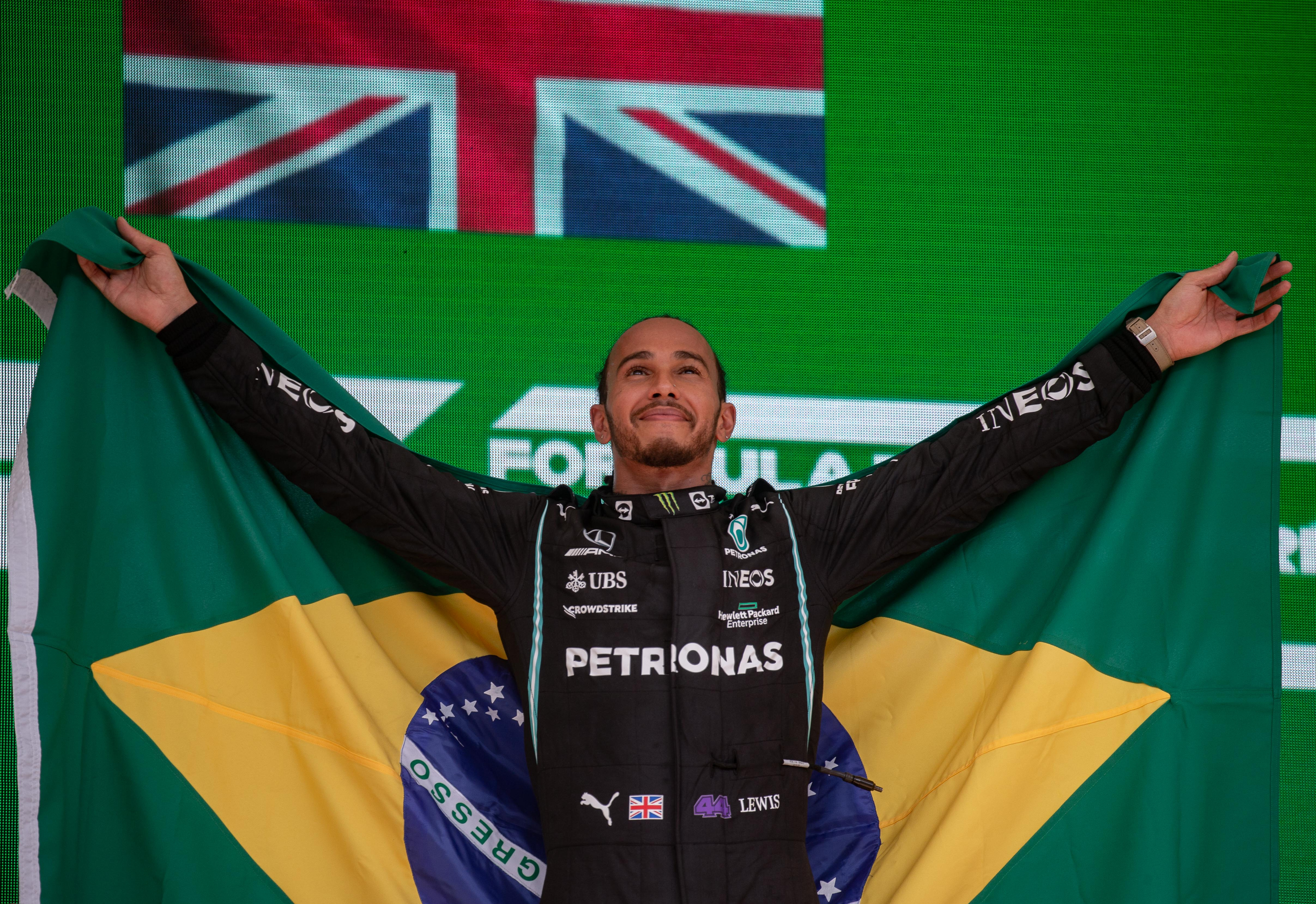 Lewis Hamilton after winning the 2021 Brazilian Grand Prix.