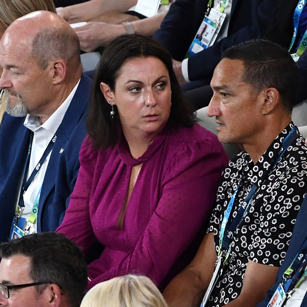Comedian Celeste Barber and husband Api Robin seen in crowd during the women's singles final between Sofia Kenin of the USA and Garbine Muguruza of Spain on day 13 of the Australian Open tennis tournament at Rod Laver Arena in Melbourne, Saturday, February 1, 2020. 