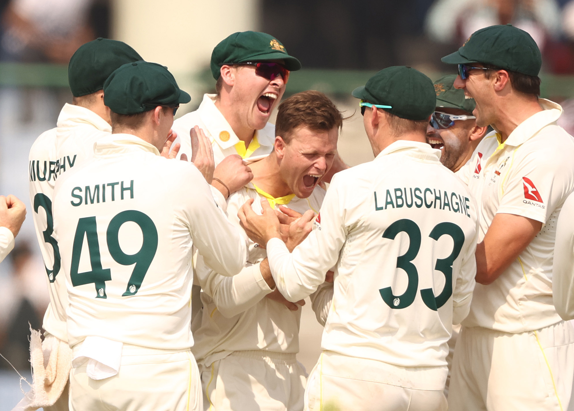 Matthew Kuhnemann of Australia celebrates taking the wicket of Virat Kohli of India during day two of the Second Test match in the series between India and Australia at Arun Jaitley Stadium on February 18, 2023 in Delhi, India. (Photo by Robert Cianflone/Getty Images)