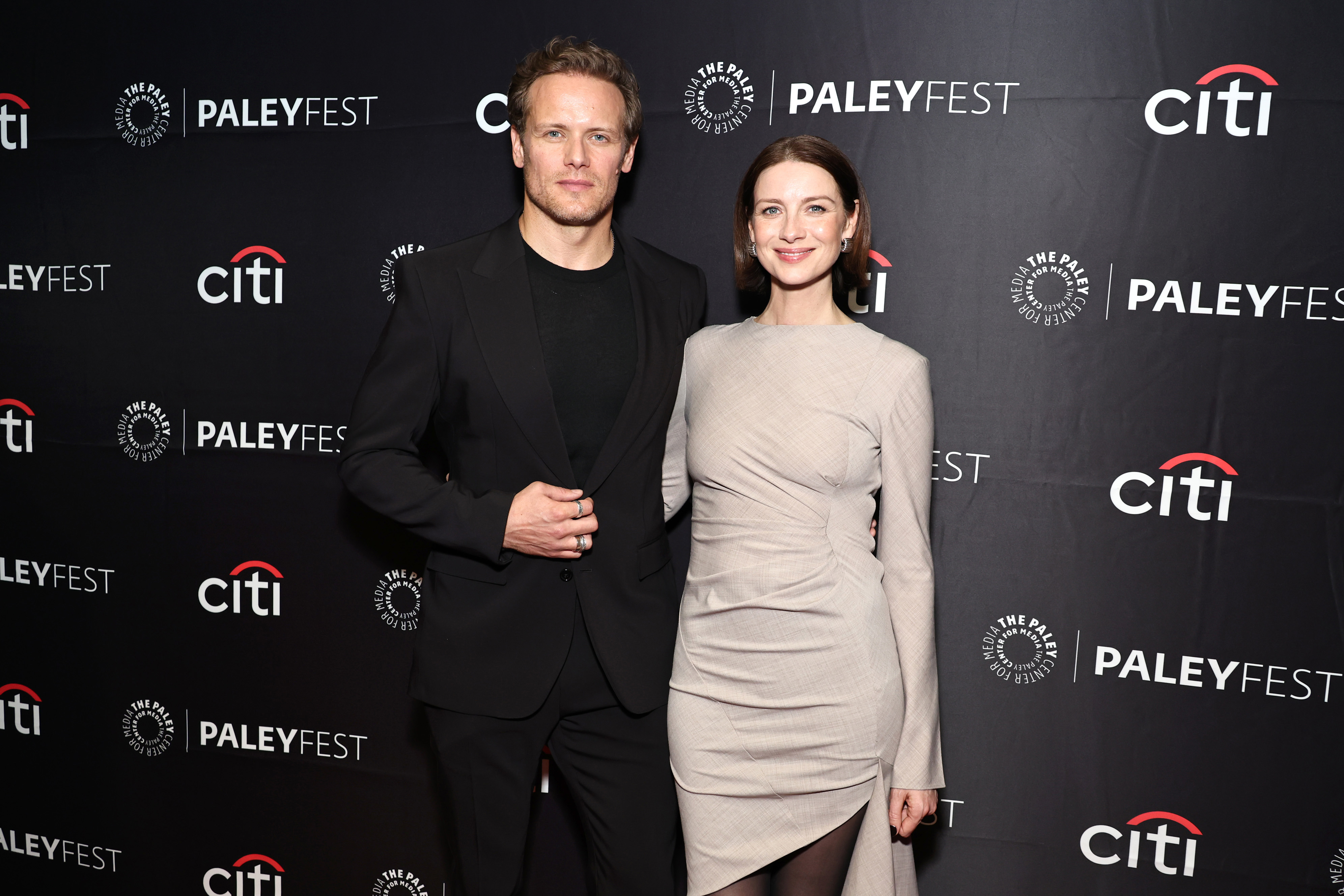 NEW YORK, NEW YORK - OCTOBER 16: (L-R) Sam Heughan and Caitriona Balfe attend Outlander: 10th Anniversary Celebration At PaleyFest on October 16, 2024 in New York City. (Photo by Jamie McCarthy/Getty Images for STARZ)