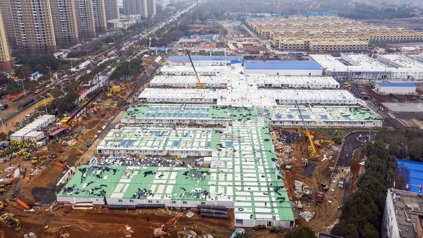 The Huoshenshan temporary field hospital under construction is seen as it nears completion in Wuhan in central China's Hubei Province.