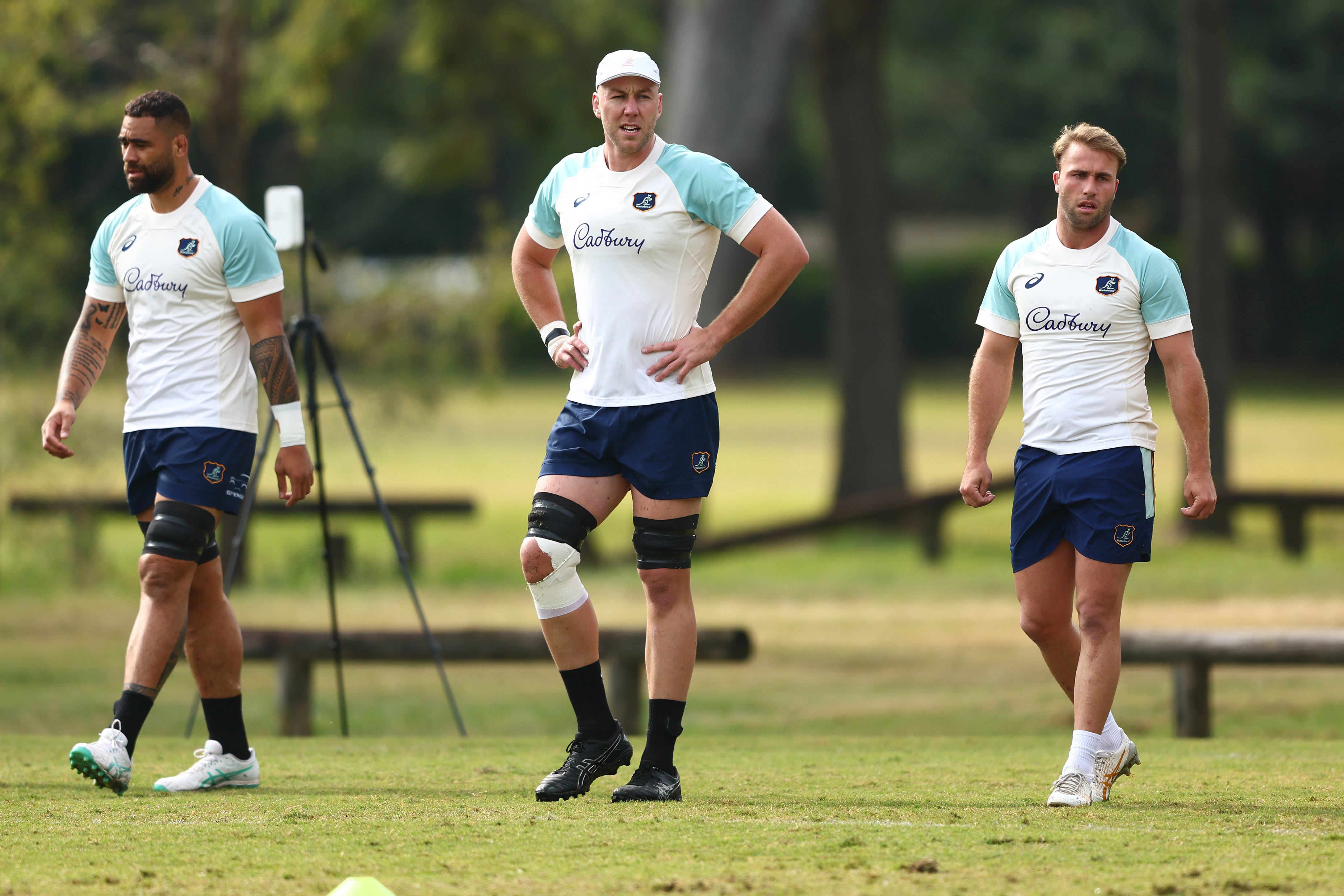 Lukhan Salakaia-Loto, Angus Blyth and Hamish Stewart during a Wallabies training session.