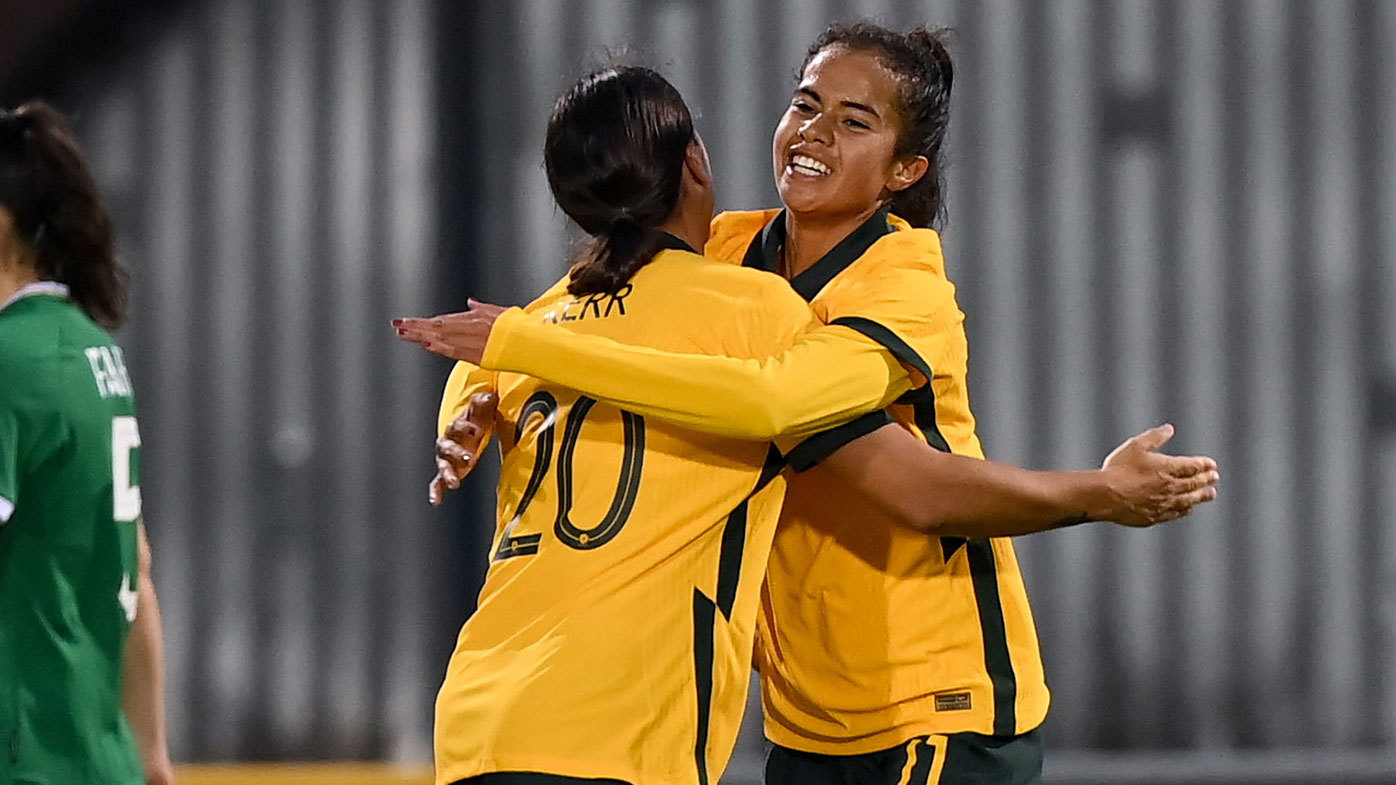  Mary Fowler of Australia celebrates with team-mate Sam Kerr, left, after scoring her side's first goal during the women's international friendly match between Republic of Ireland and Australia at Tallaght Stadium in Dublin. (Photo By Stephen McCarthy/Sportsfile via Getty Images)