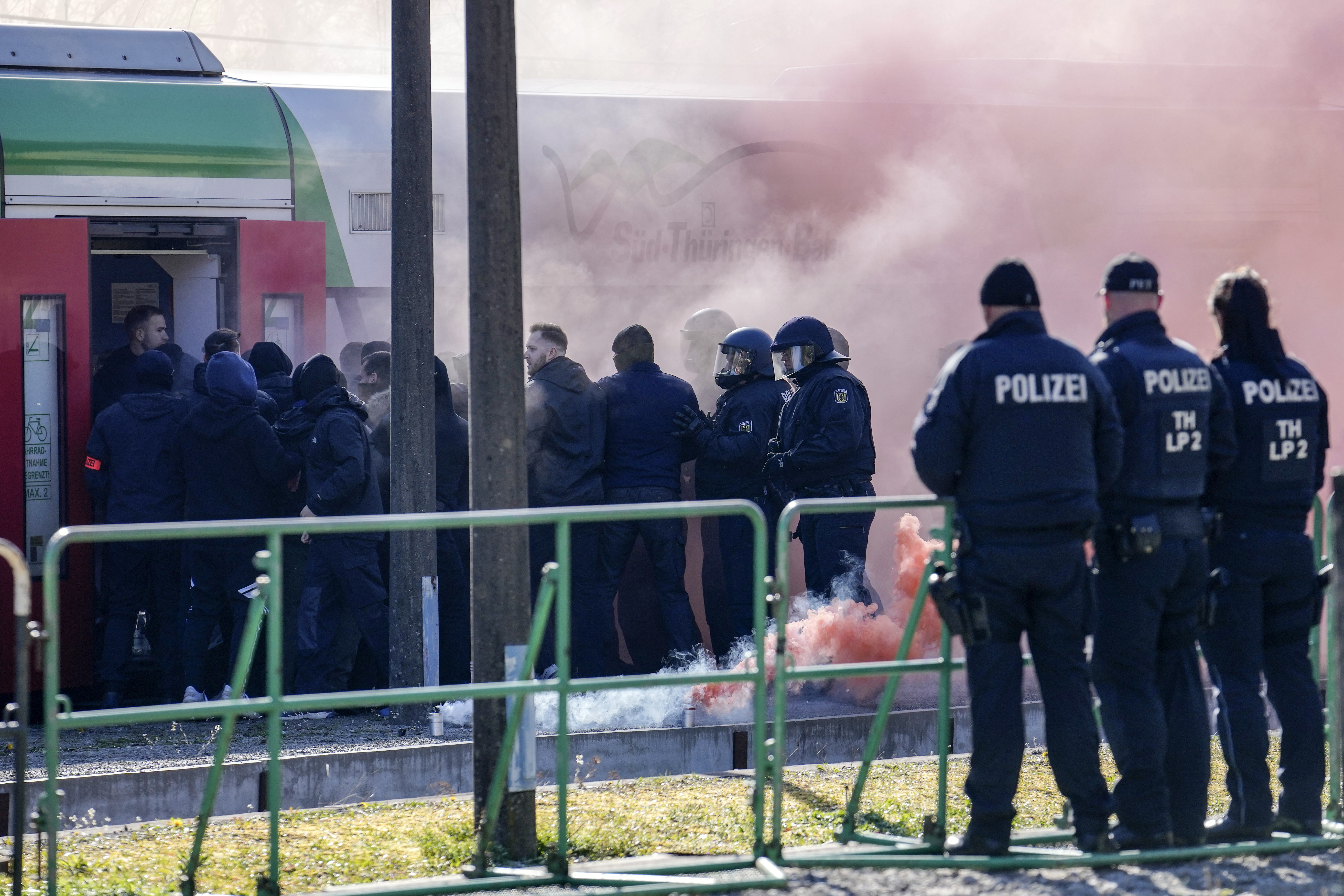 Hundreds of German local state police and federal police practice tactics in preparation for the European Championship in the village of Stützerbach.